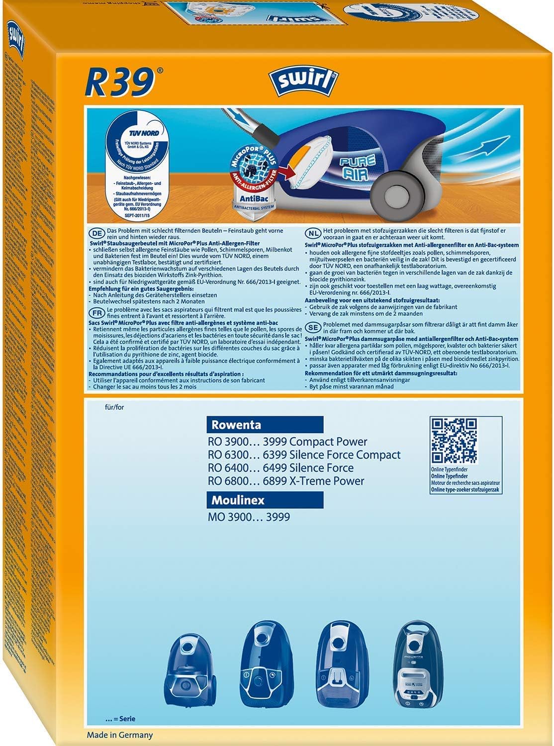 Rowenta RO3950 Staubsauger mit Beutel + 4er Pack Swirl R 39 Staubsaugerbeutel für Dauerhaft hohe Saugleistung, 3L Beutelvolumen, 750 W = 2000W, extrem leise, Hygienefilter, mit Parkettdüse