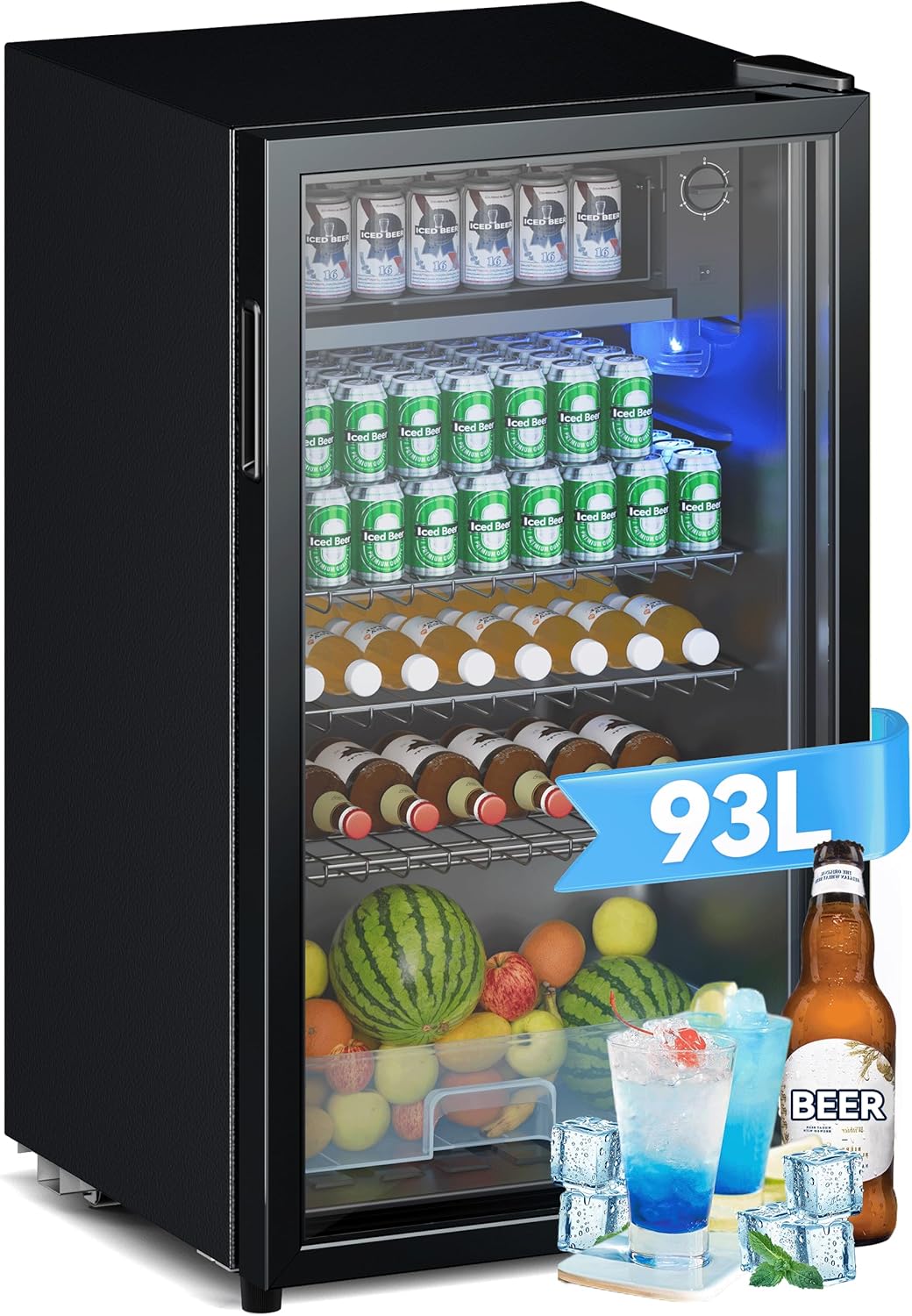 Devoko Getränkekühlschrank mit Glast,93L Minikühlschrank,mit RGB LED Lichtern,verstellbare Einlegeböden, Indoor/Outdoor,für zu Hause, Büro, Partys  und  Gastro,Minibar, Kühlschrank Schwarz