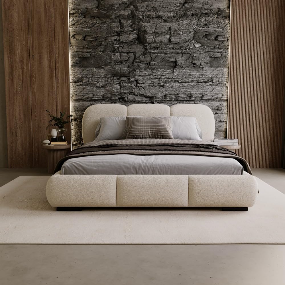 Chilly. Bett Savona - Polsterbett 140x200 mit Bettkasten, Lattenrost und Kopfteil – Eleganter Bouclé-Stoffbezug Olivgrün