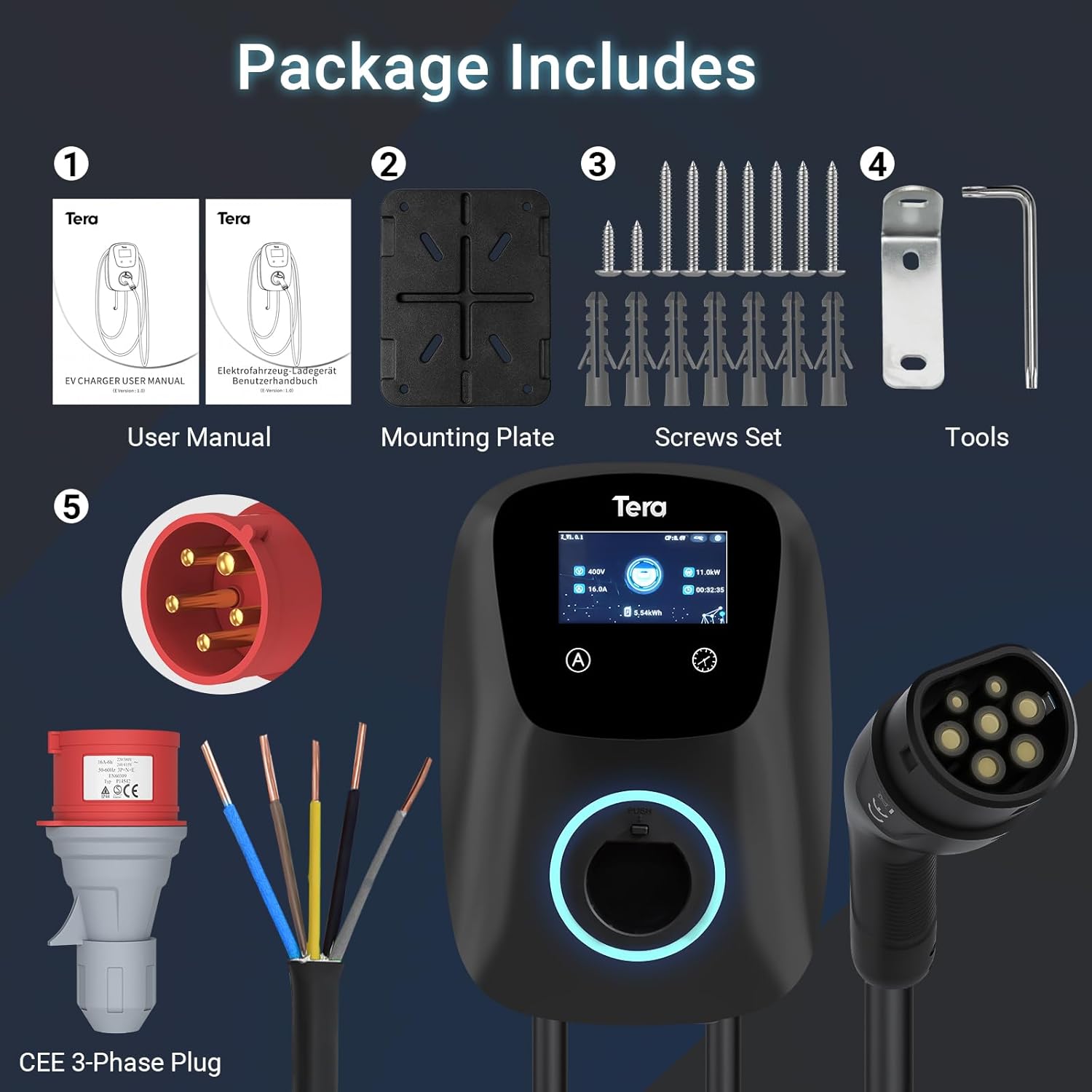 Tera Smart EV Ladegerät Typ 2 Wallbox mit APP 11kW 16A 400V CE&TÜV mit Wlan & Bluetooth 7m Ladekabel mit Ladegerätehalter Heim Wallbox CEE 3-Phasen Stecker für EVs & PHEV W01 Schwarz