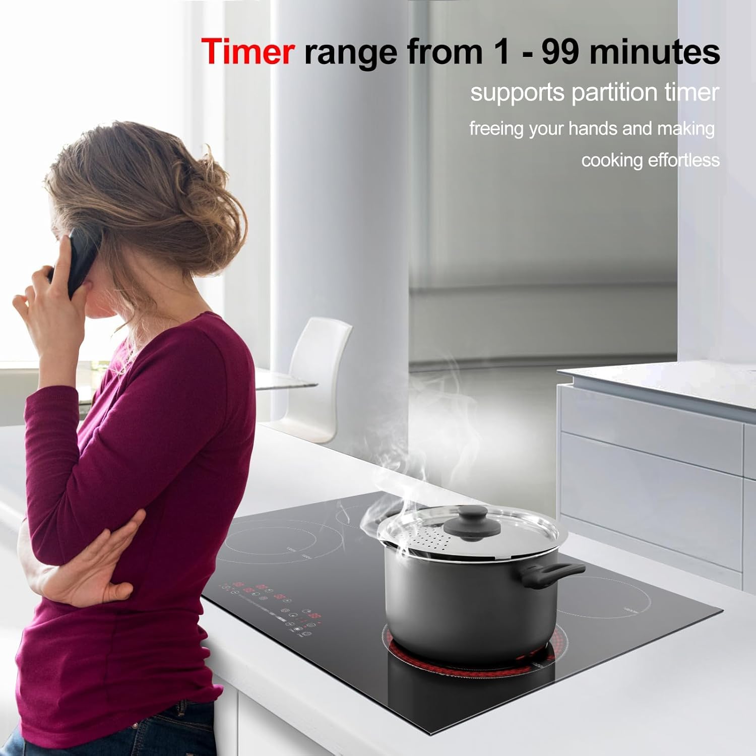 AMZCHEF Induktionskochfeld 5 Zonen Einbau Induktionskochplatte mit Booster und 9 Stufen, Pausenfunktion und warm halten, Induktion Kochfeld mit Slider-Steuerung, Multifunktions-Timer,7400W