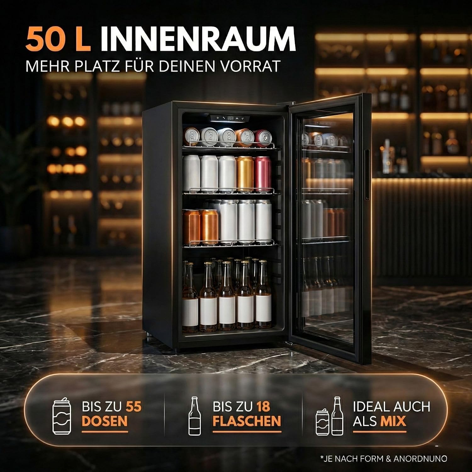Sommertal Getränkekühlschrank 50L – Mini Kühlschrank schwarz mit Glastür, Touchscreen & LED | Kleiner Flaschenkühlschrank abschließbar & leise für Büro, Zuhause, Bar, Kellerbar & Minibar