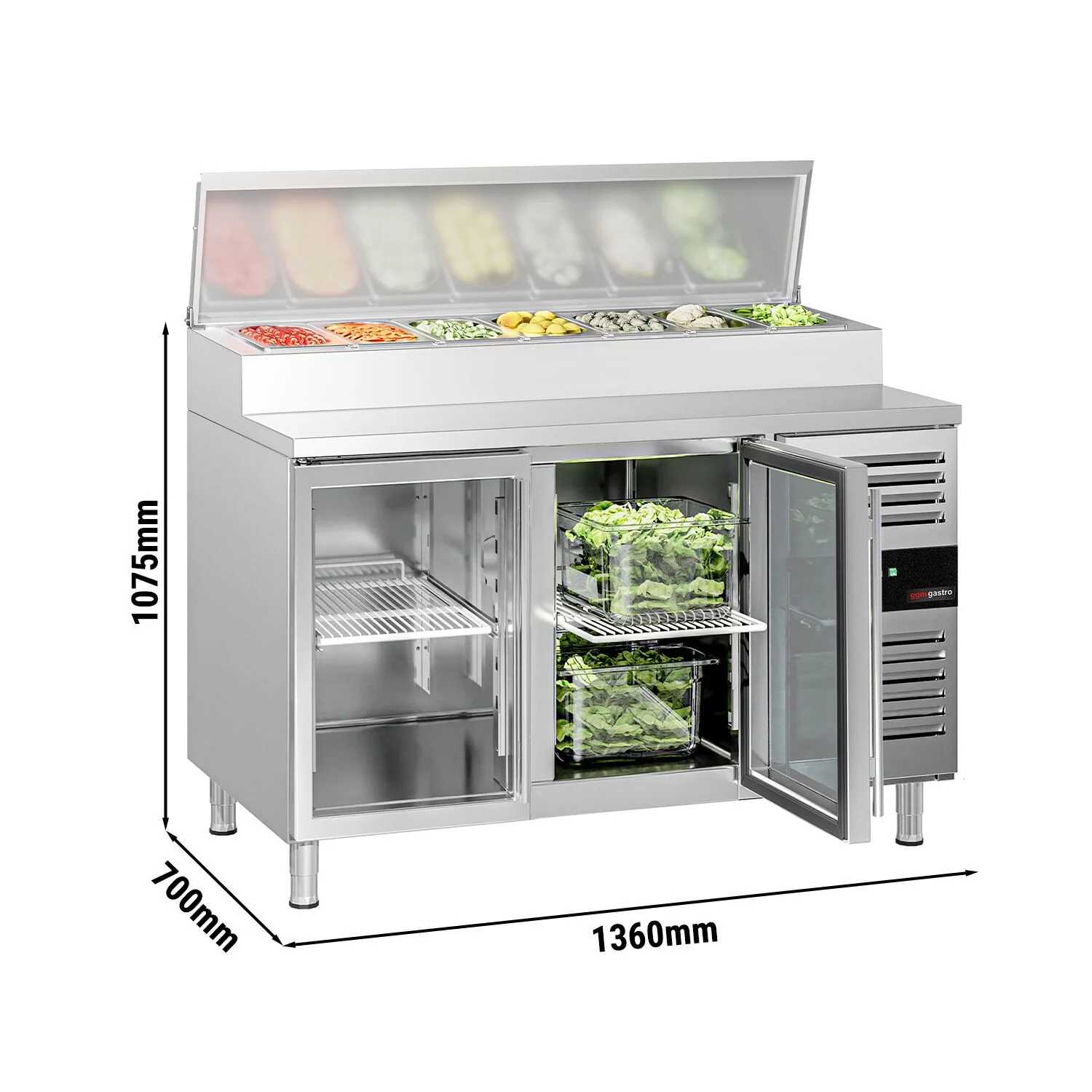 Saladette PREMIUM - 1360x700 mm - 2 glassdører - med lokk - for 7x GN 1/3 beholdere