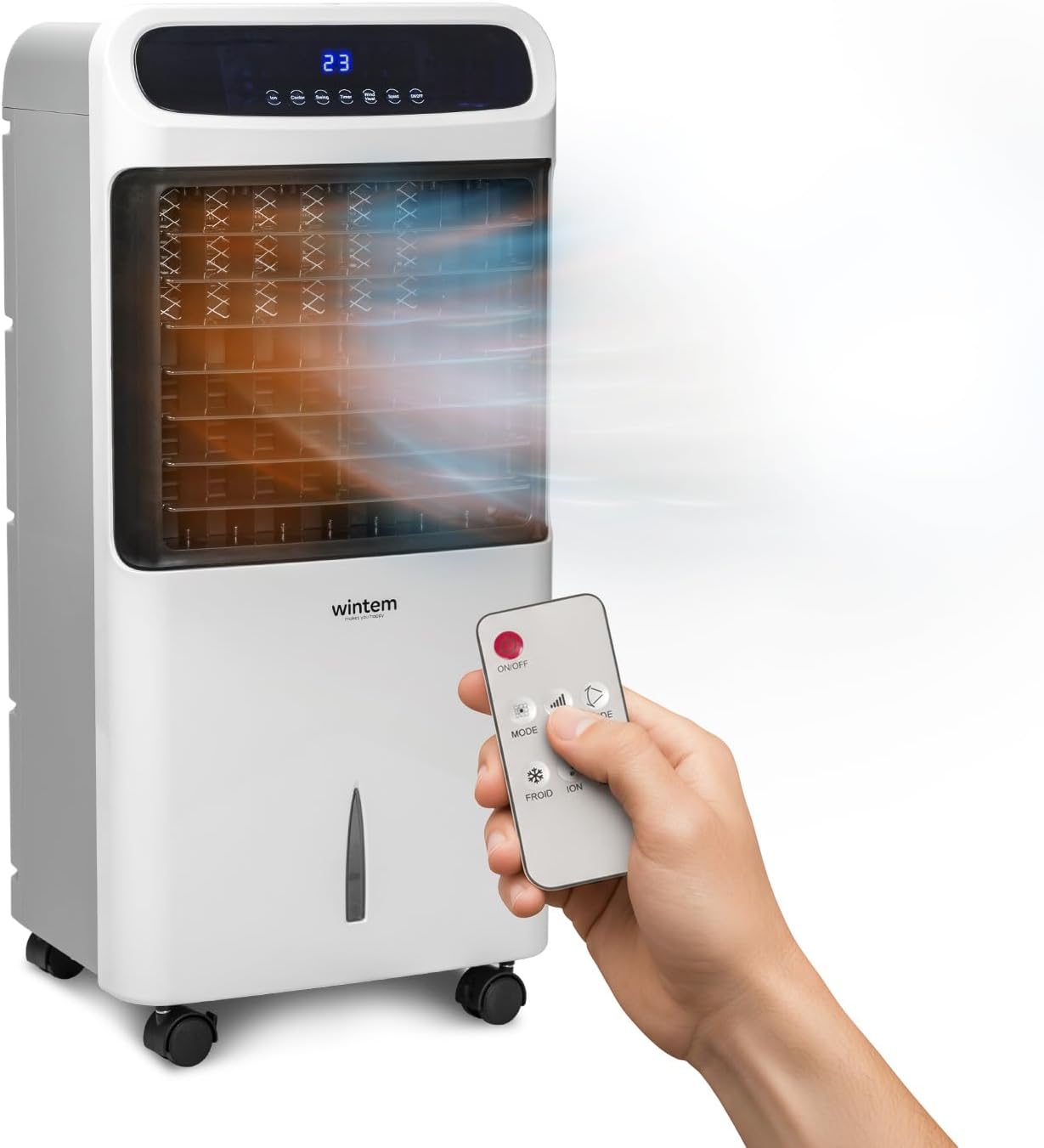 Avilia - Verdunstungskühler Trio Clima 4-in-1 Kalt/Warm 80-2000W mit Befeuchtung, Luftreinigung, Tank 10L, Timer 12H, Fernbedienung und Rollen für Haus und Büro