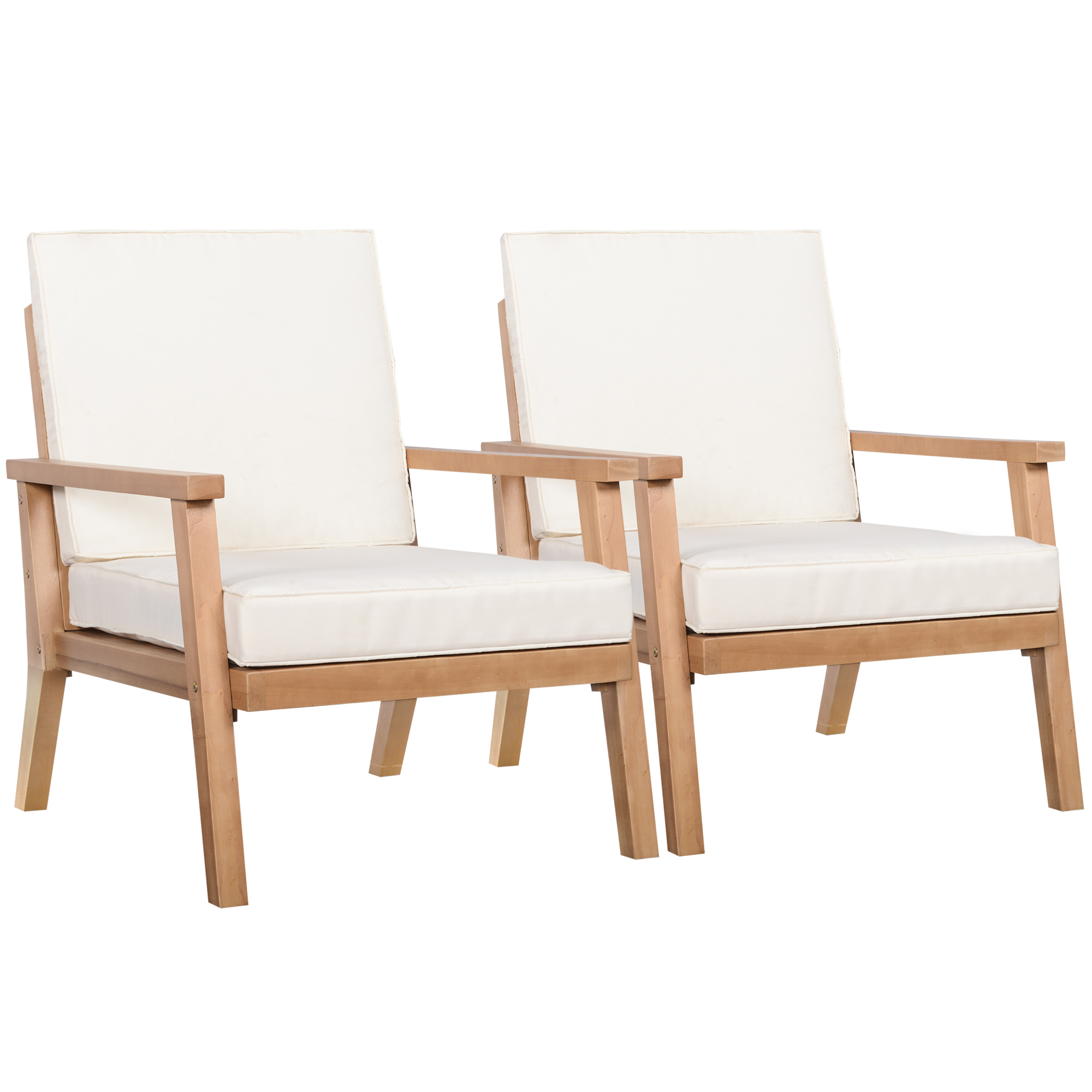 2 tuinstoelen van natuurlijk hout, met zitkussens, bruin+beige, 66 x 77,5 x 74,5 cm (per stoel)