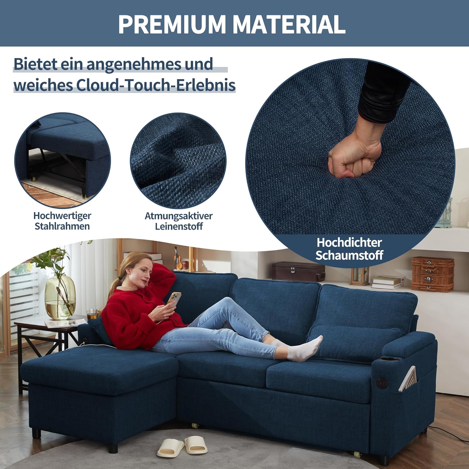 DURASPACE Schlafsofa Ausziehbare Schlafcouch 2-in-1-Wandelbares Ecksofa mit Stauraum, L-förmiges Ecksofa für kleine Räume, Wohnzimmer, Wohnung (Blau)