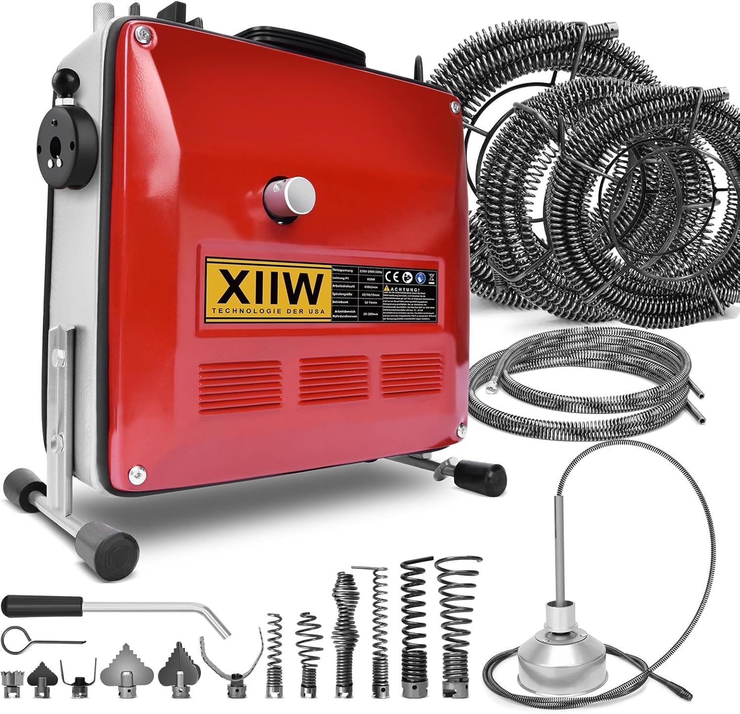 850W Elektrische Rohrreinigungsmaschine Satz zum Ø20-200mm Rohrleitungen [Spirale 33m x Ø16 mm + 14m x Ø22mm, 5m x Ø10mm], Rohrreinigungsgerät Set Rohrreiniger Reinigung Abflussreiniger, 450U/M