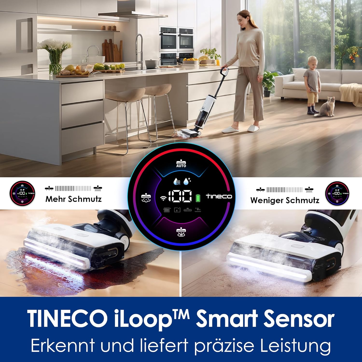 Tineco iFLOOR 5 Steam Nass Trockensauger, 120℃ Hochtemperatur-Dampf, Dampfreiniger mit Kabel, Selbstreinigung Nasssauger, Hartholz bodenreiniger für klebrige Verschmutzungen, Essensreste