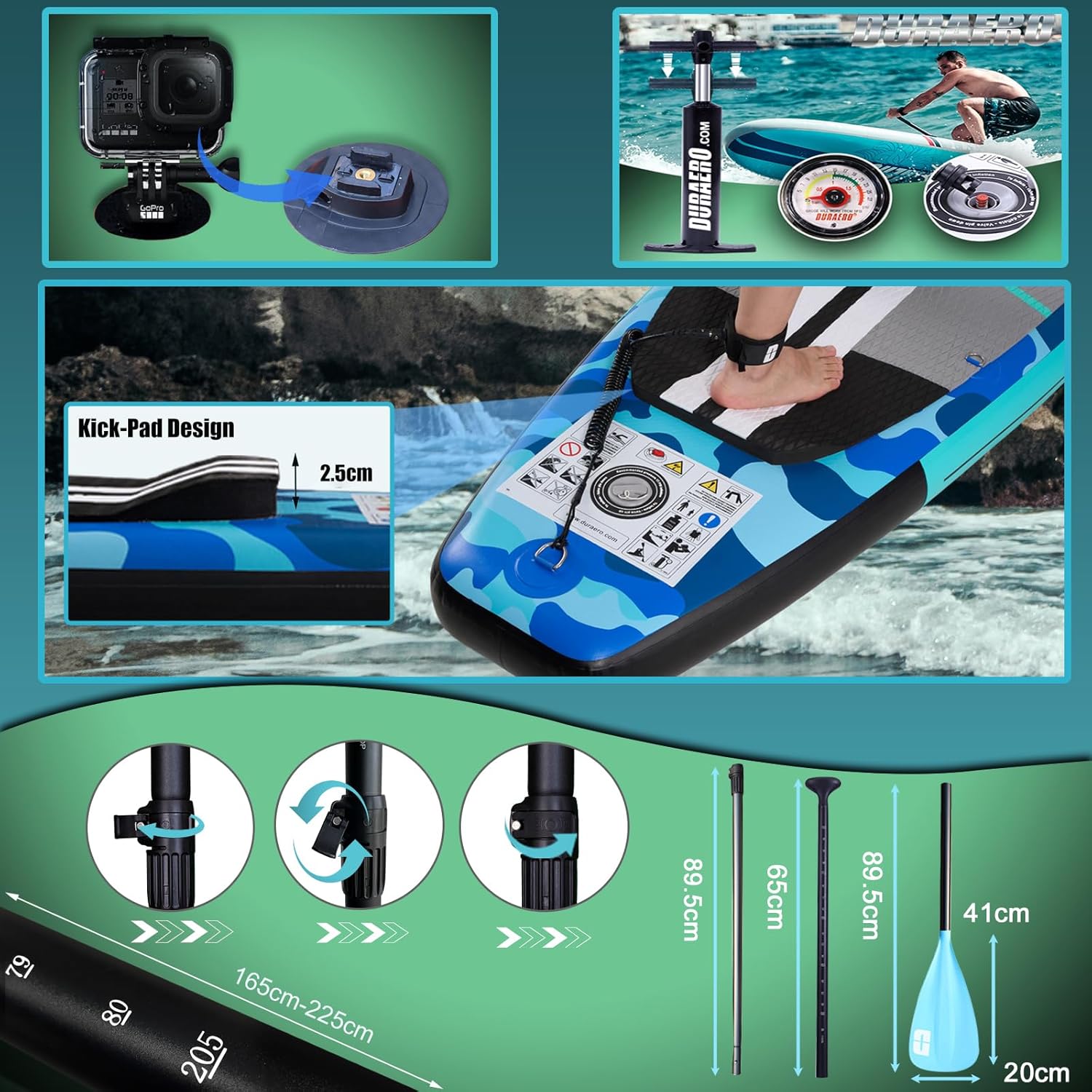 Inflatable Paddle Board with Kayak Seat, 330 x 76 x 15 cm, up to 150 kg, Integrated Pad, Detachable Fin, Double Adjustable Paddle, Repair Kit, Blue Camouflage