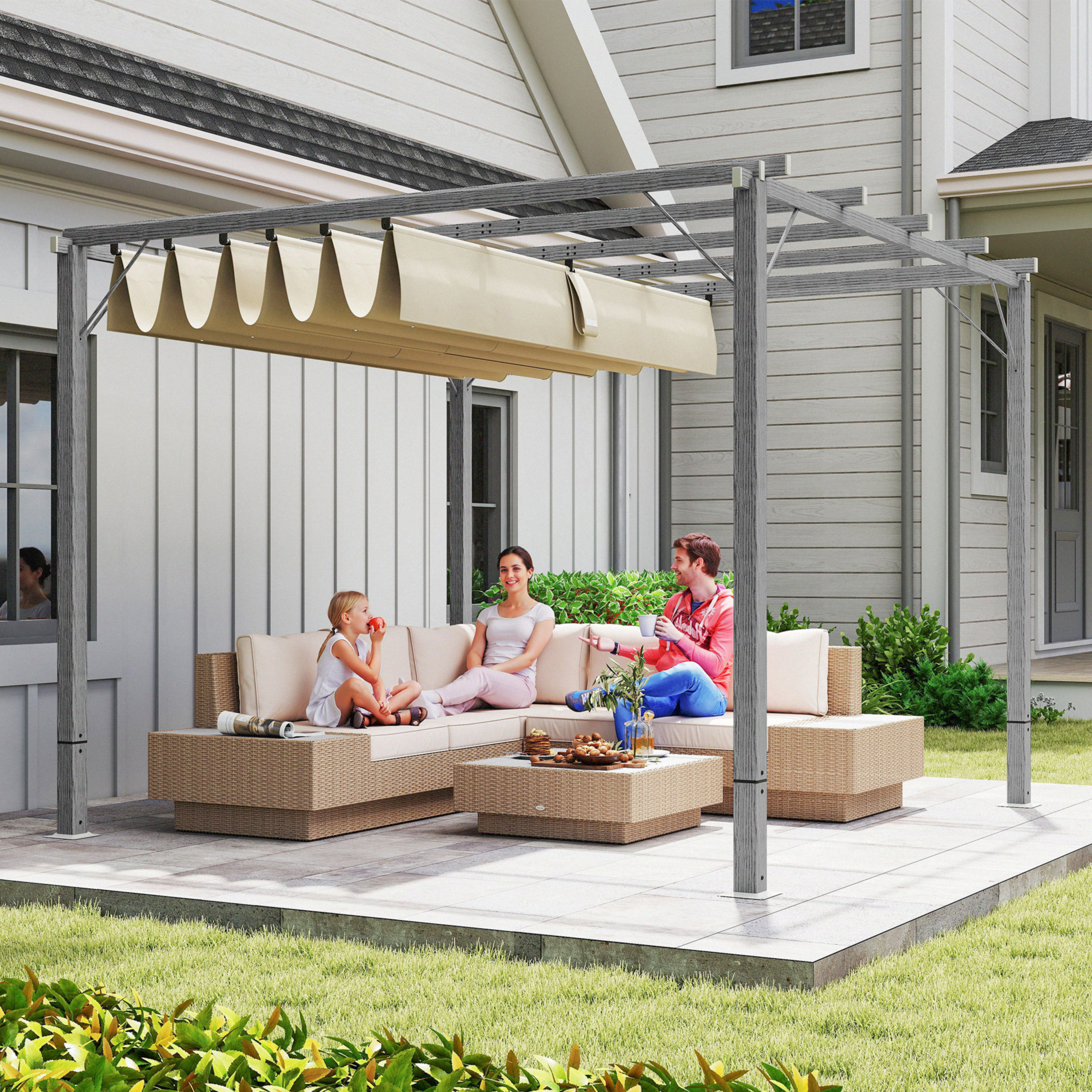 3 x 3 m Tuinpergola, Verstelbare Terrasoverkapping met Aluminium Frame, UPF30+ Zonbescherming, Grijs