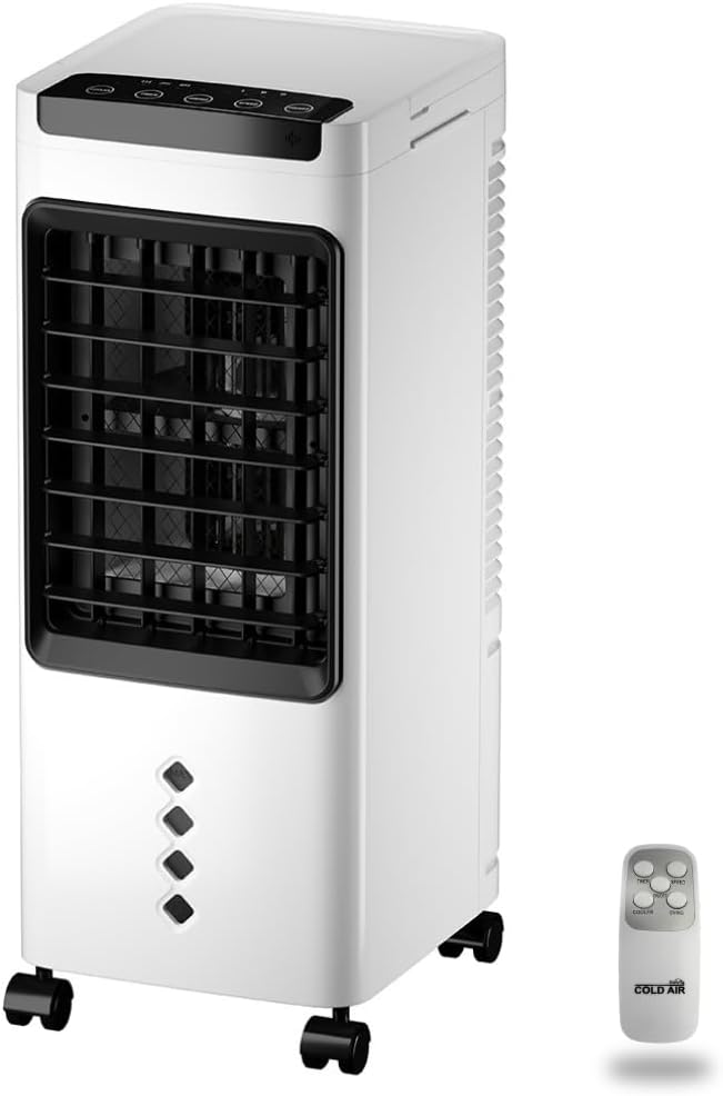 Tragbarer Luftkühler Kaltluft 3 in 1 - kühlt, befeuchtet und reinigt, Verdunstungskühler, geringer Stromverbrauch 60W, tragbarer Luftbefeuchter, Timer, Fernbedienung, 3 Geschwindigkeiten