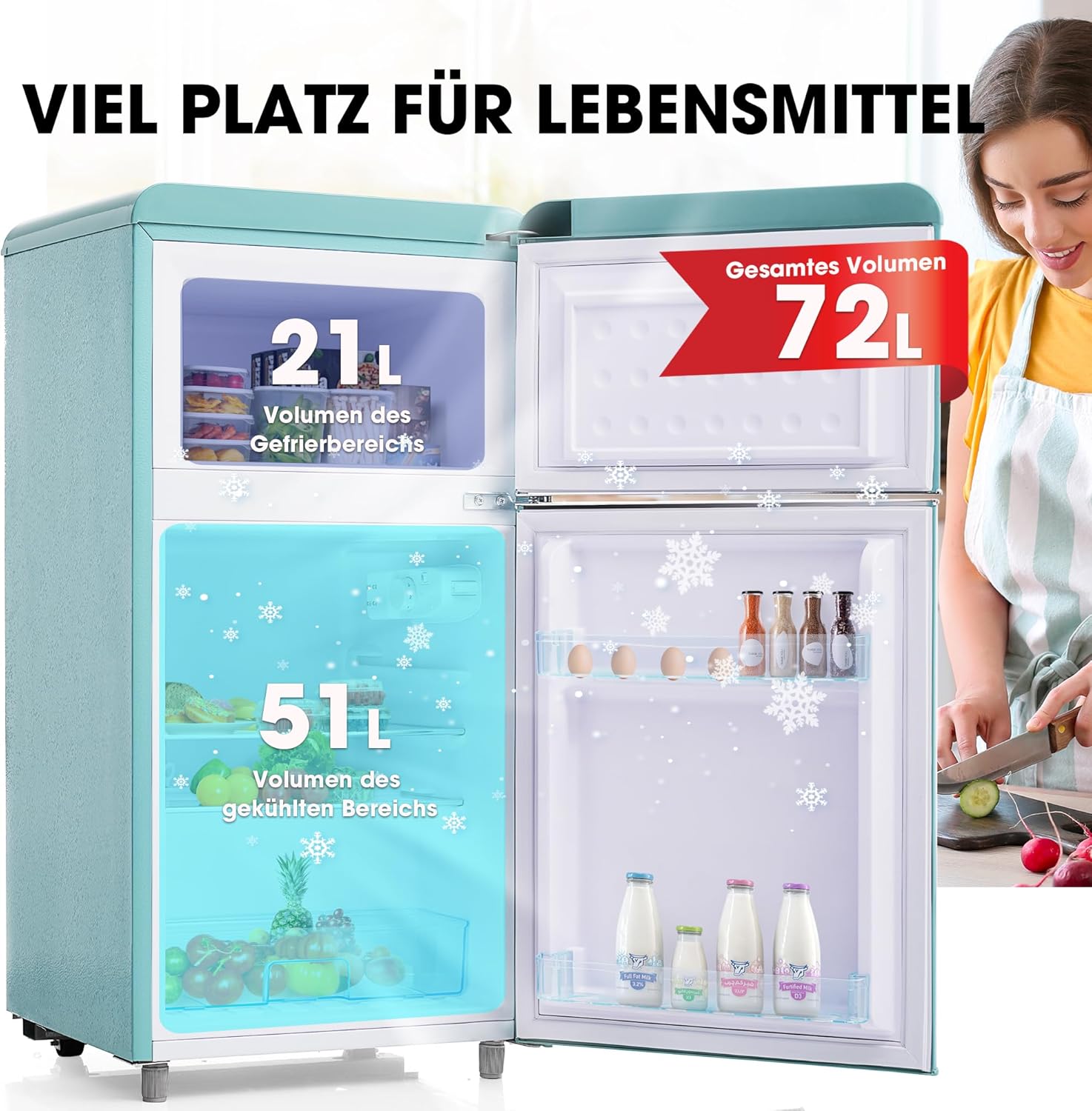 Merax Kühlschrank mit Gefrierfach, Kühl-Gefrierkombination, klein Kühlschrank mit 51L und Gefrierschrank 21L, Leise, LED, Glasablagen, Gemüsefach, Türablagen, für Küche, Wohnzimmer, Büro, Schwarz