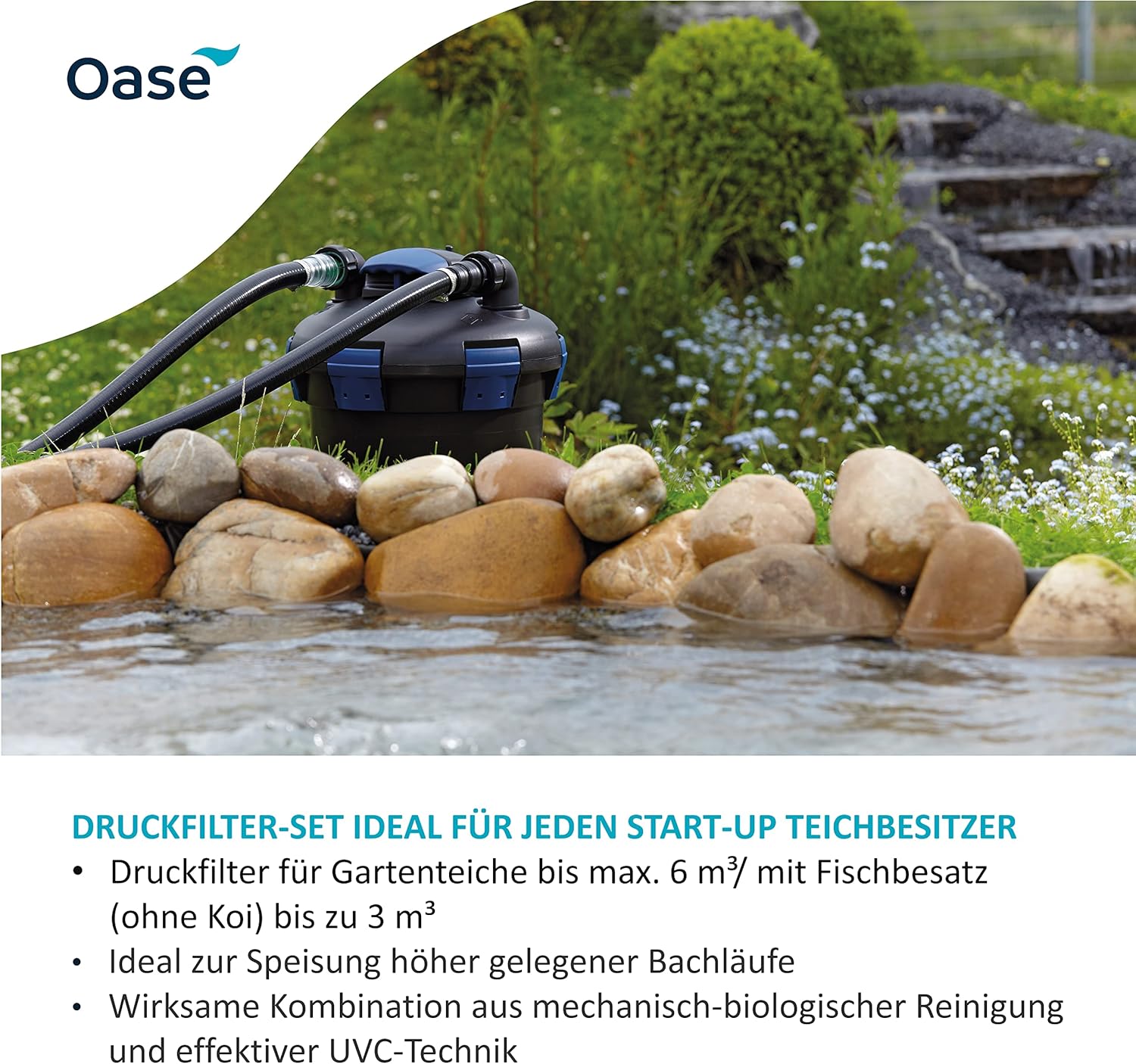 OASE 50499 Druckfilter BioPress Set 4000, Teichfilter Filterset zur effektiven und raschen Algenbekäpfung, Komplettset inkl Filterpumpe und UVC Klärer
