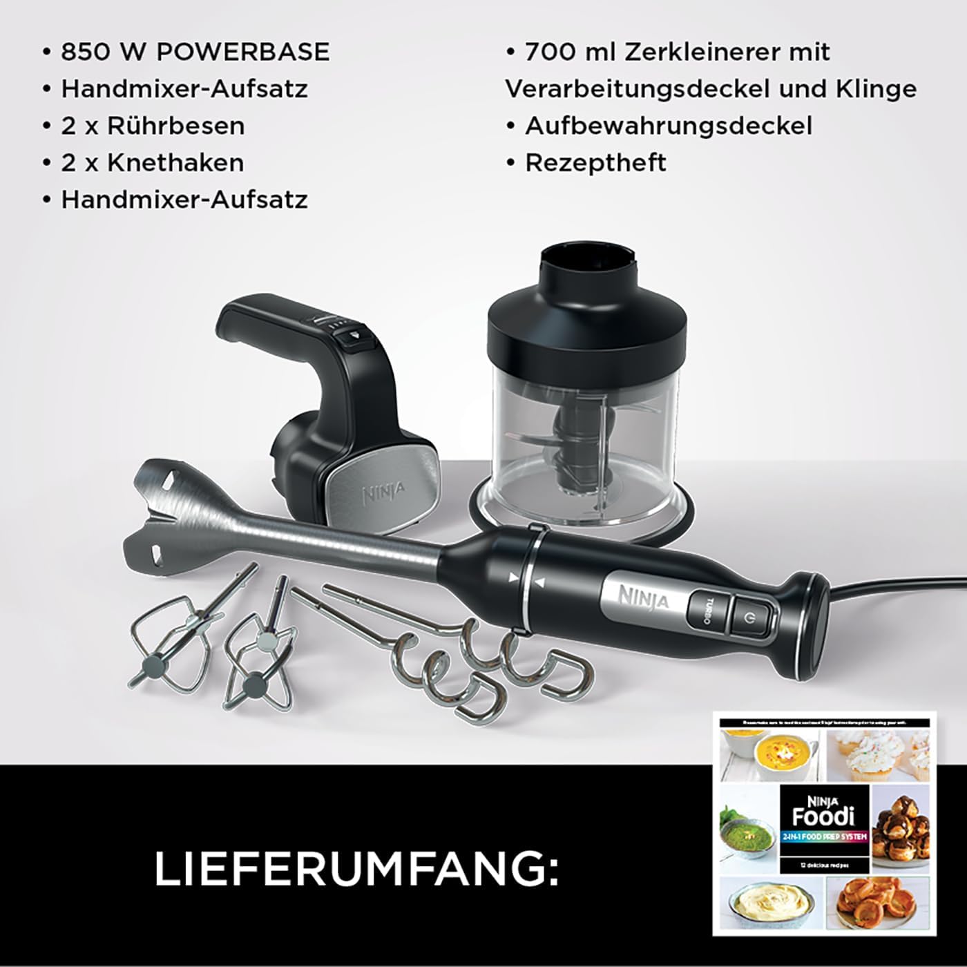 Ninja Foodi 3-in-1 Stabmixer, Handmixer & Zerkleinerer, Stufenweise Anlauf, 2 Misch- und 5 Rührgeschwindigkeiten zum Zerkleinern, Mischen, Kneten und mehr, spülmaschinenfest, 850W, Schwarz CI100EU