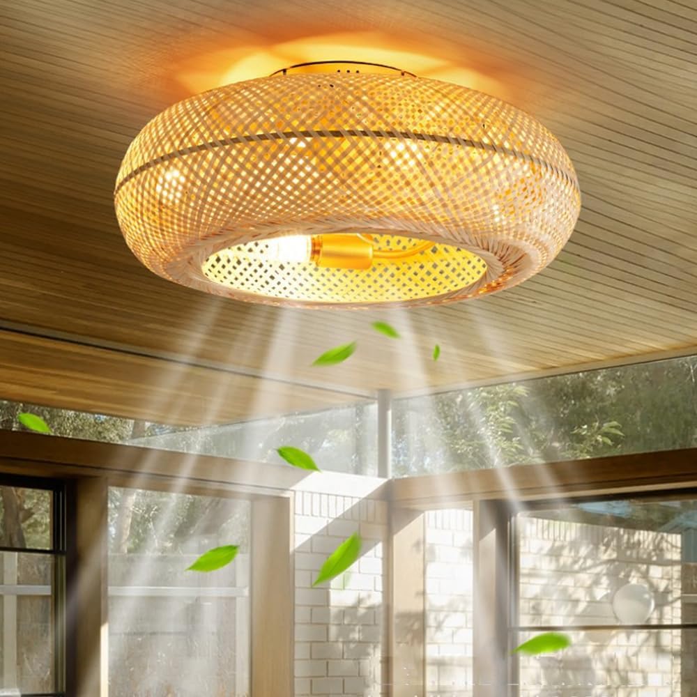 Ventilateur De Plafond Rétro En Bambou Avec Éclairage Plafond Télécommande Silencieux Plafonnier 6-vitesses Réversible Lumière Suspension Vintage En Rotin Chambre Coucher Salon Salle À Manger Cuisine