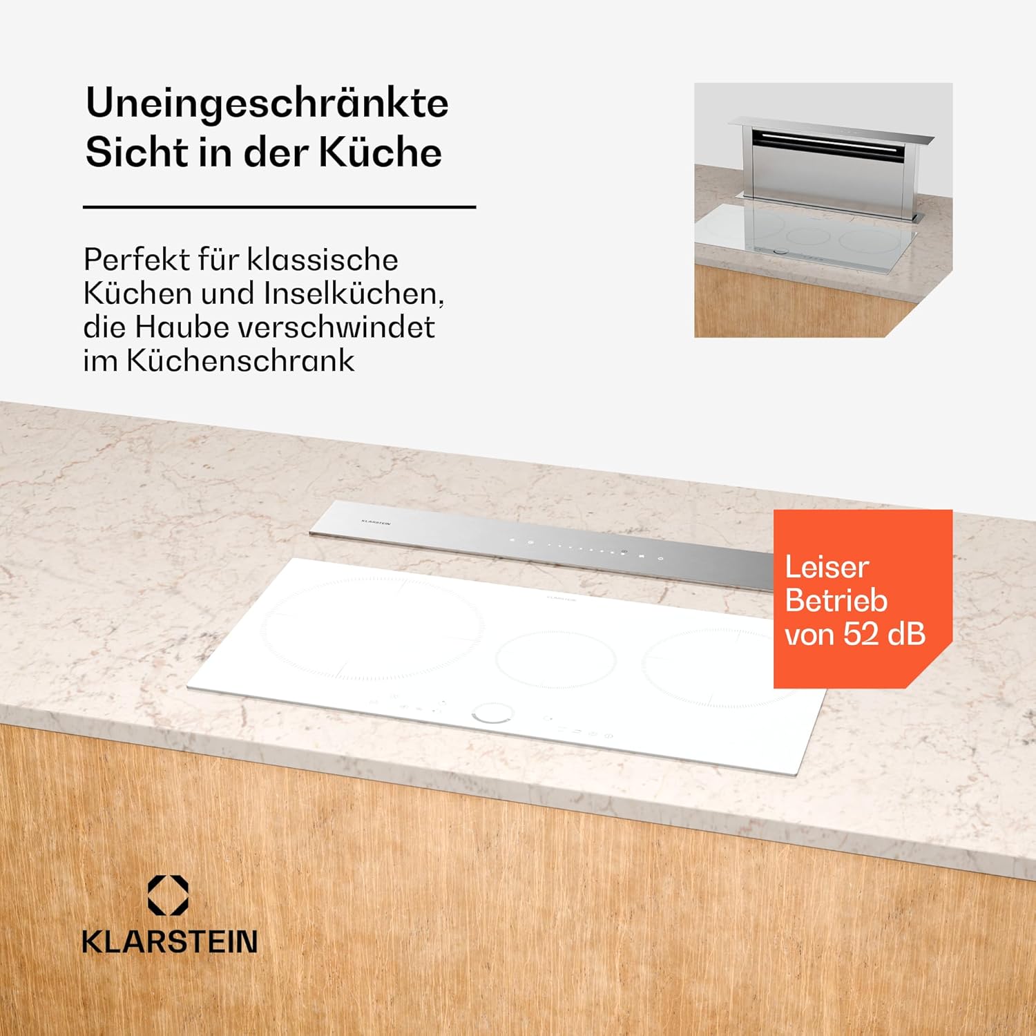 Klarstein Downdraft-Dunstabzugshaube, Versenkbare Abzugshaube, Leise Dunstabzugshauben mit Filter, Dunstabzugshaube 60cm, Umluft/Abluft Dunsthaube mit 10 Stufen, Dunstabzug 576 m³/h Luftstrom