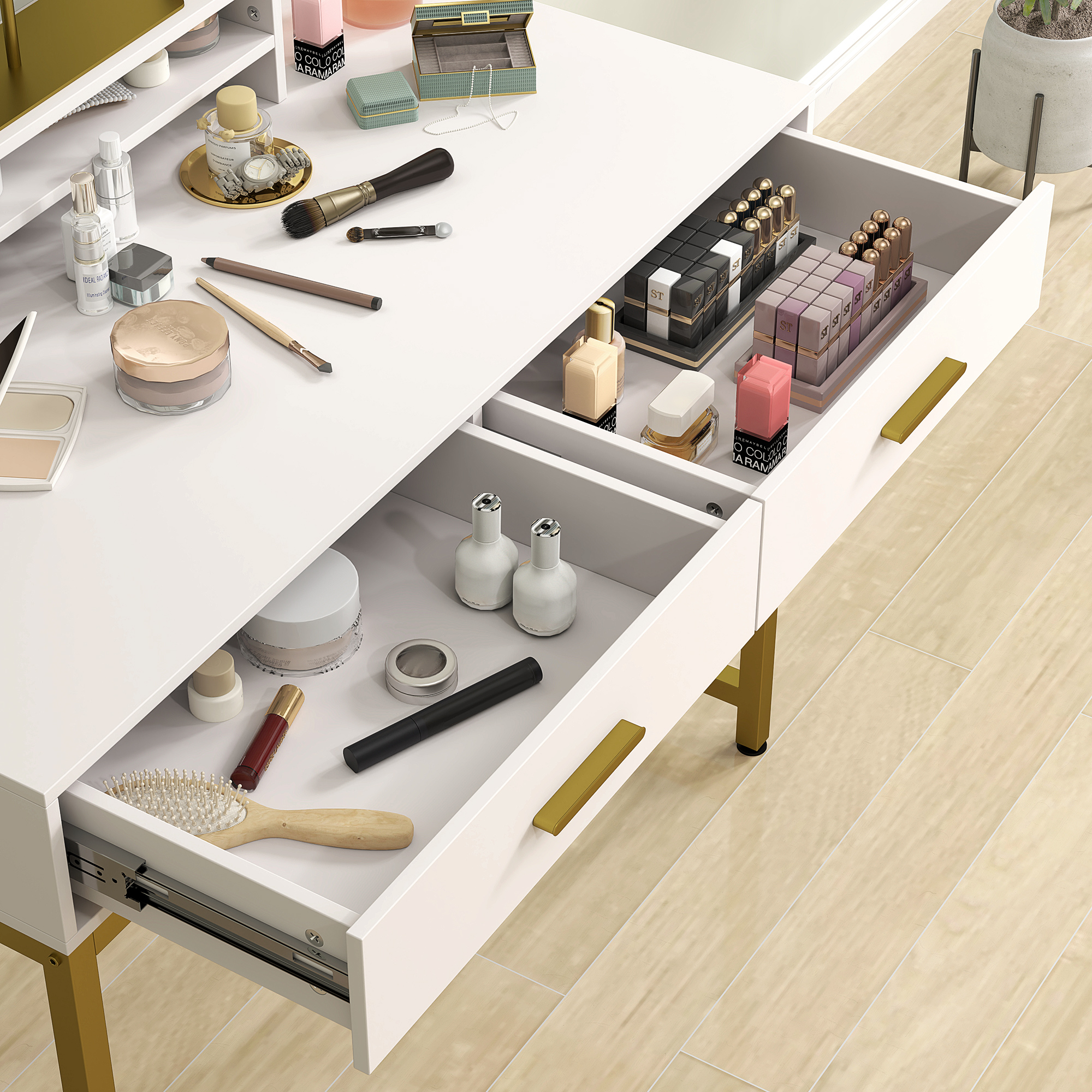 Kaptafel met 360�� Spiegel, LED-verlichting, 2 Laden, Wit/Goud
