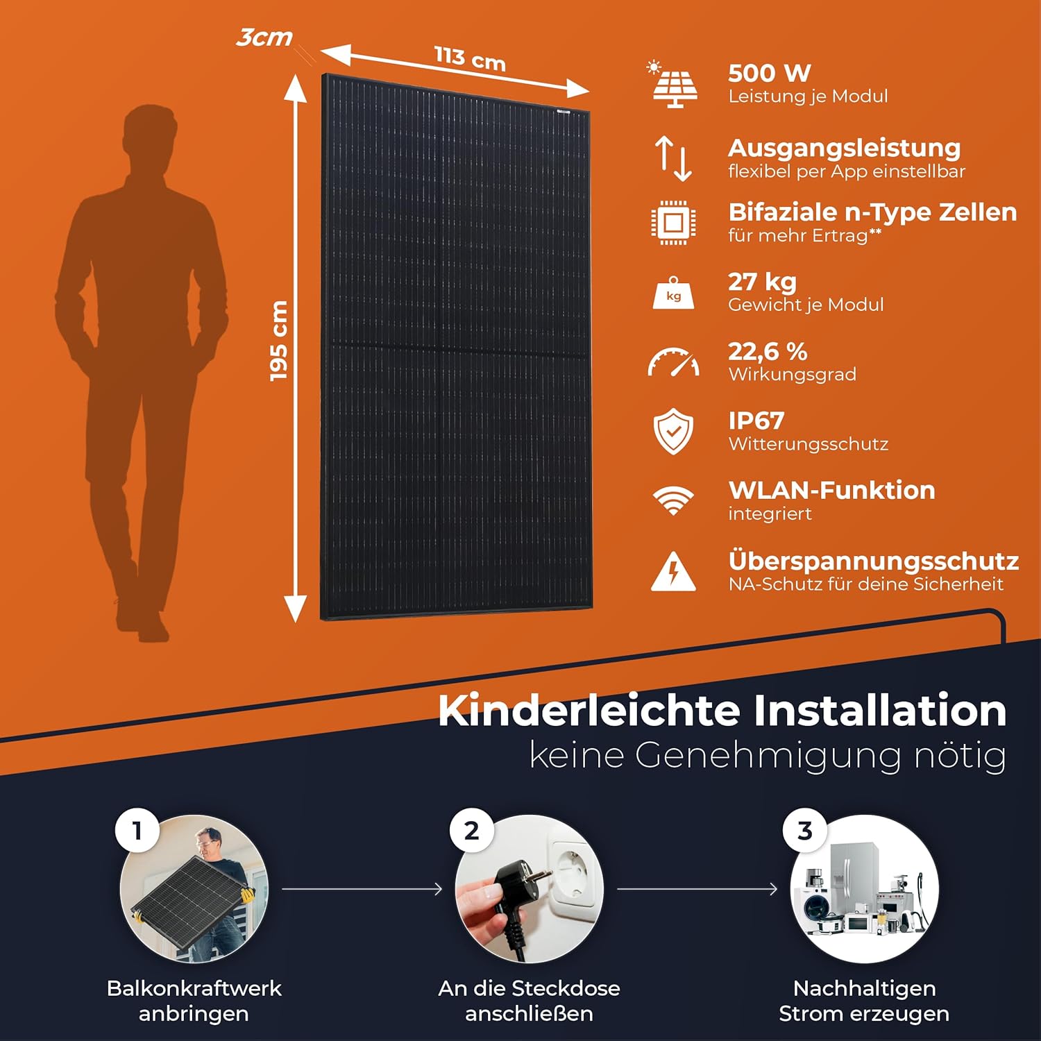 Solarway® 1000Wp / 800W Balkonkraftwerk komplett Steckdose - neuester EcoFlow Stream 800 Watt Wechselrichter - Solaranlage Komplettset - 500W bifaziale Black Solarmodule & EcoFlow & Zubehör