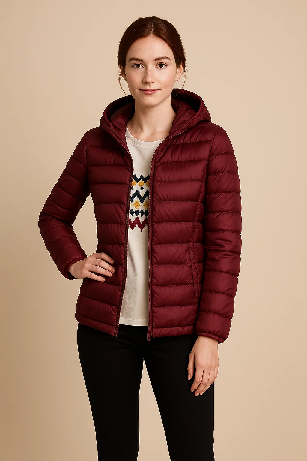 Taillierte, gesteppte Daunenjacke mit Kapuze f��r Damen