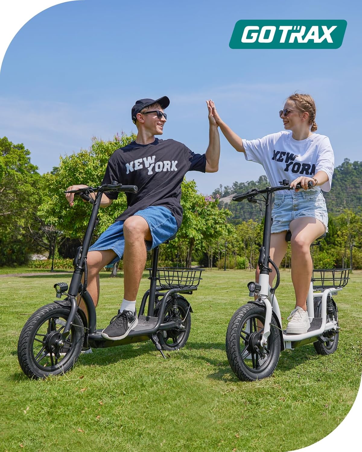 Gotrax adult electric scooter with seat, maximum range of 19-25 miles, all-terrain tires, wide pedals, padded seat, and carrycot