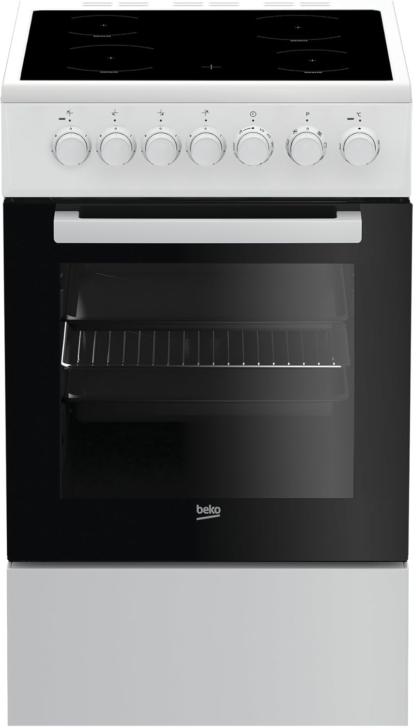 Beko FSM57100GW b100 Elektro-Herd mit Glaskeramik-Kochfeld, Freistehend, 50 cm Standherd, 55 Liter Volumen, Zeitschaltuhr, pflegeleichte Emaillierung, abnehmbare Backofentür, Schwarz