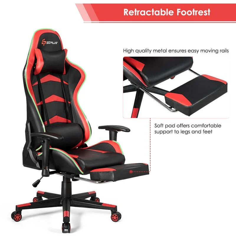 Led Massage Gaming Chair Height Adjustable Racing Computer Office Chair With Footrest Ergonomic High Back Pu Swivel Game Chair - Comfortable And Ergonomic Design