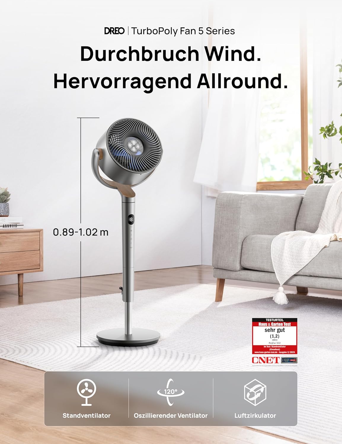 Dreo 20dB leiser Standventilator, 120°+120° Omni-direktionale oszillierende Ventilator, 26M Windentfernung, 1200m³/h Luftvolumen Echt Turbo-Luftzirkulator Fans, 102CM Höhe 3 Modi 8-Geschwindigkeit
