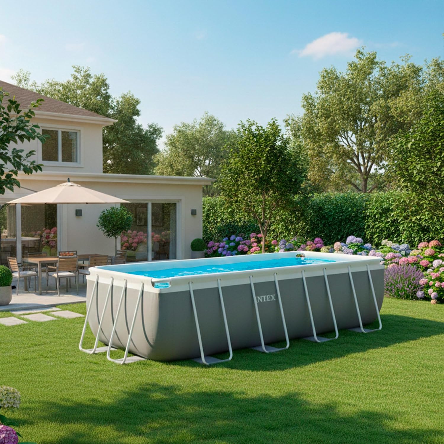 Intex Piscina Desmontable Rectangular 400x200x122 cm, Prism Frame, con depuradora de Arena incluida, con Escalera de Seguridad, Material tricapa, con uniones en T, Fácil Montaje (55288)