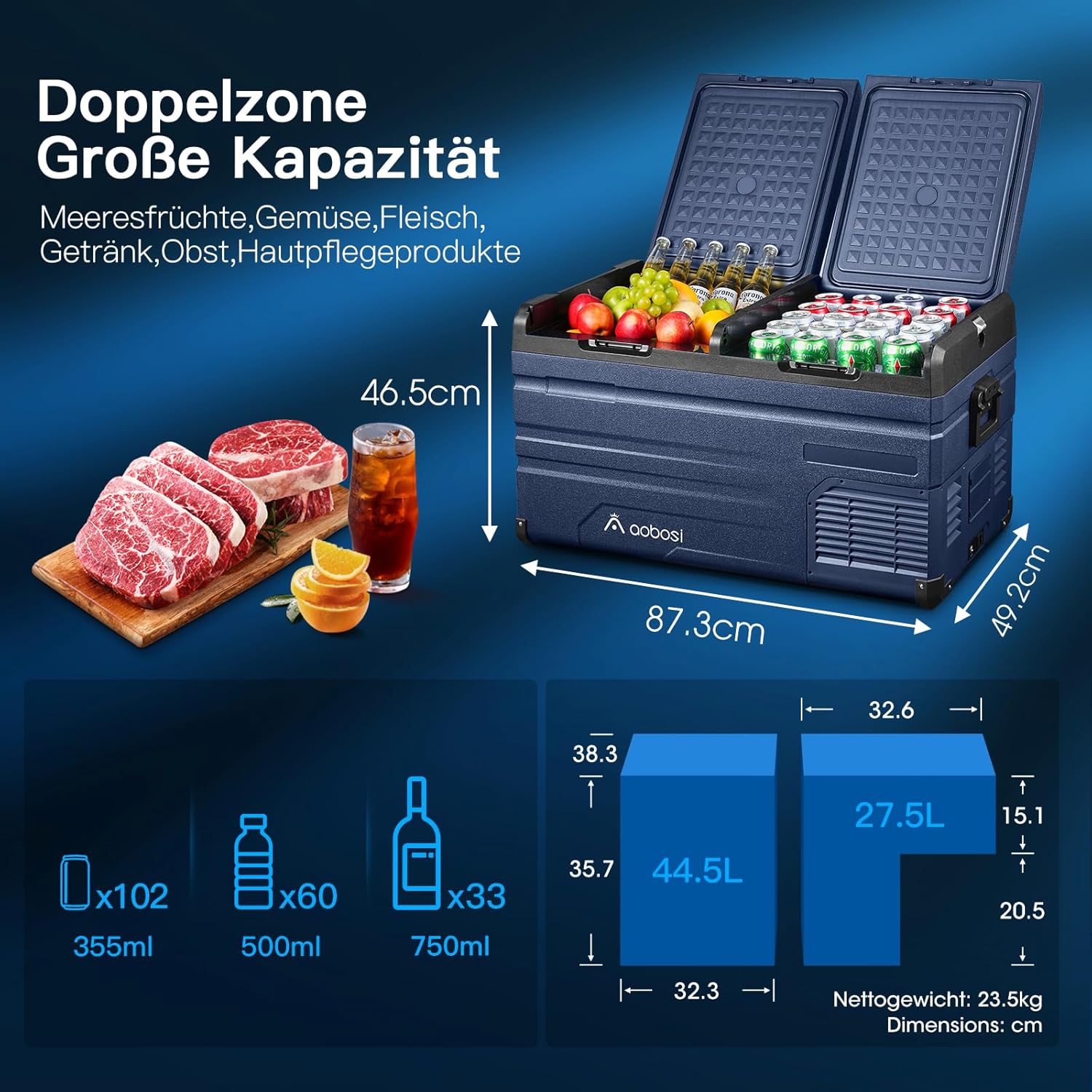 AAOBOSI 72L Kompressor Kühlbox, Dual Zone, Camping Kühlschrank mit APP, -20°C bis 20°C, USB-Handy-Ladung, LED-Beleuchtung, 12/24V und 100-240V, Geeignet für Autos, Lastwagen, Boote, Camping und Reisen