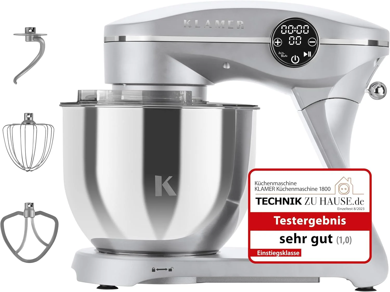 KLAMER Keukenmachine 1800W, Kneedmachine met 6 Liter RVS Kom, 10 Snelheidsstanden met Timer, Klopper, Deeghaak, Garde en Spatdeksel