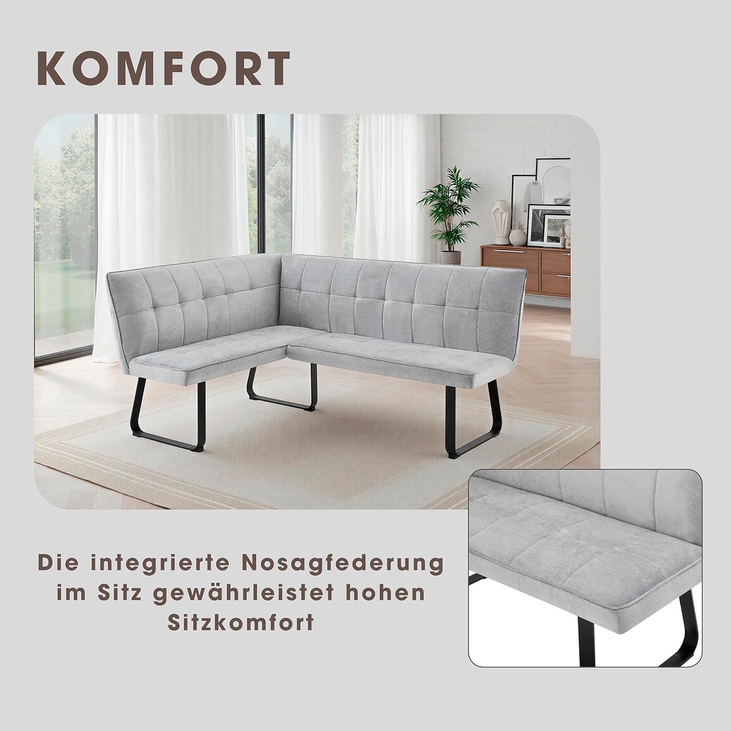 byLIVING Eckbank TALEA/Webstoffbezug in hellgrau, Gestell in schwarz/Große Eckbank L-Form, Langer Schenkel rechts, komfortable Nosaqfederung/Sitzbank/Essbank/Maße: 128 x 168, H 93,5 cm