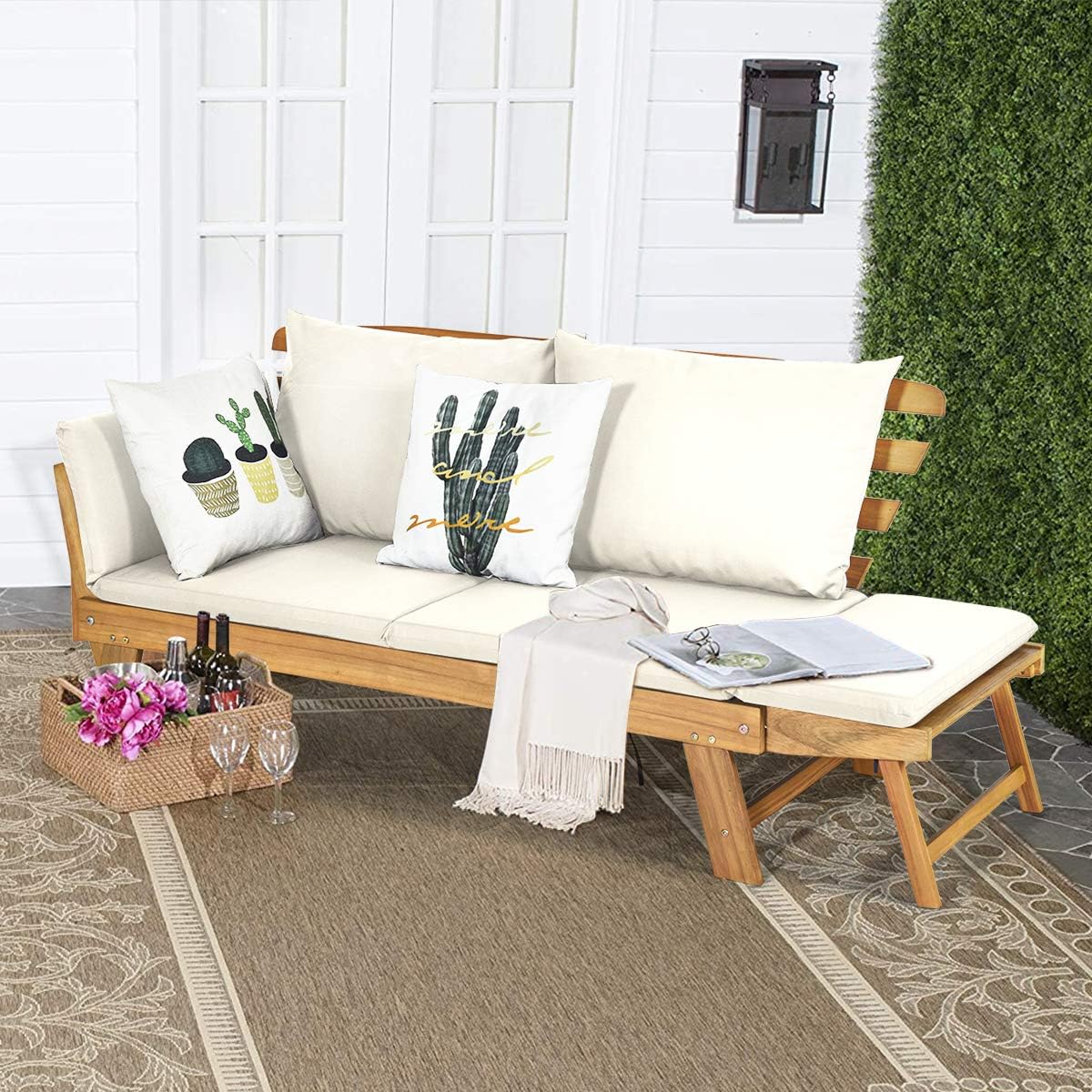COSTWAY Gartenbank mit Liegefunktion, Gartensofa mit Auflagen und klappbaren Armlehne, Balkonbank aus Akazienholz, Balkonsofa, Gartencouch für Garten, Terrasse, Balkon, 198 x 75 x 75 cm (Beige)