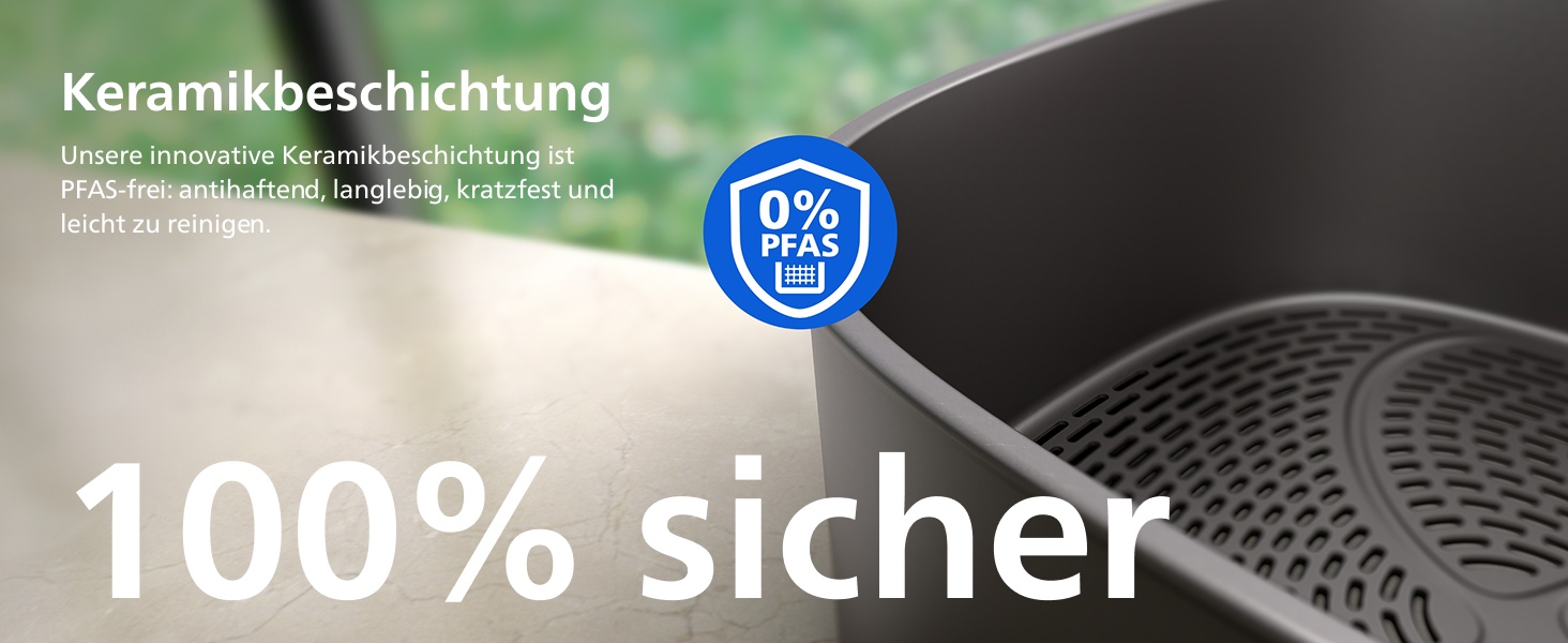Der Text lautet „100% sicher“ mit Produktbildern aus Keramik oder Fliesen in dunklen Tönen, was auf Sicherheitsmerkmale hindeutet.