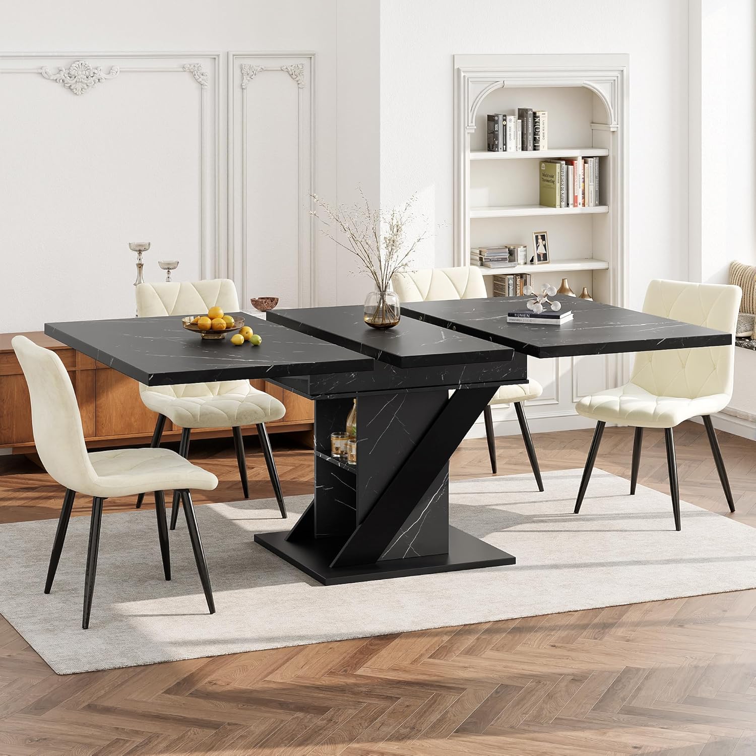 Esstisch Ausziehbar mit Stauraum Tischbeine für 4-6 Personen, Esszimmertische Küchentisch mit Unverwechselbare Muster, Esstisch Holz Esszimmertisch Ausziehbar, 110-140x80x75 cm, Schwarz