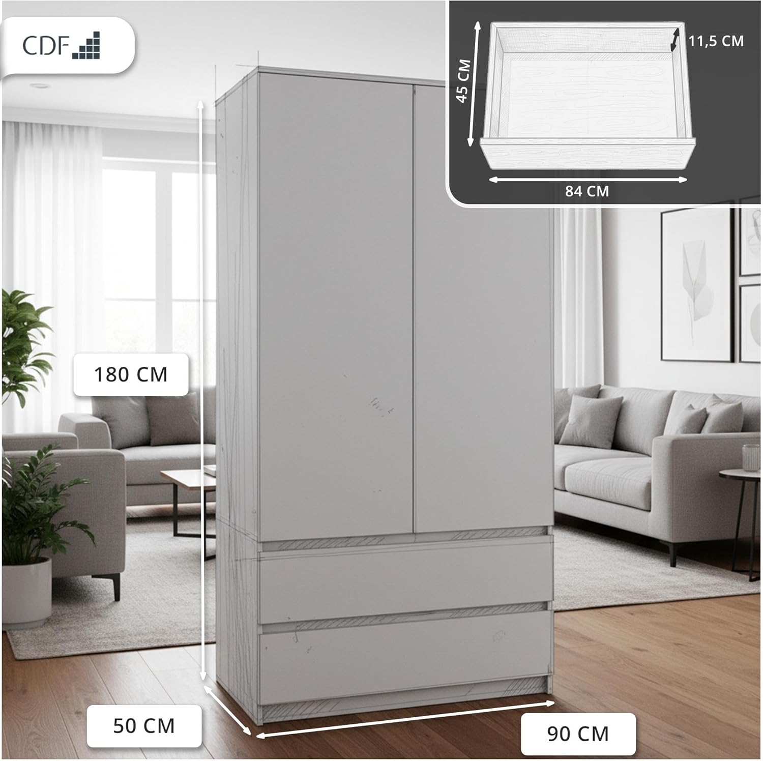 CDF Kleiderschrank Weiß 90cm Breit Kinderzimmer Schlafzimmer 2 Schubladen 2-türig Kleiderschrank Zweitüriger Schrank Moderne Look Alles für die Montage Inklusive Garderobenschrank Klamotten Spielzeuge