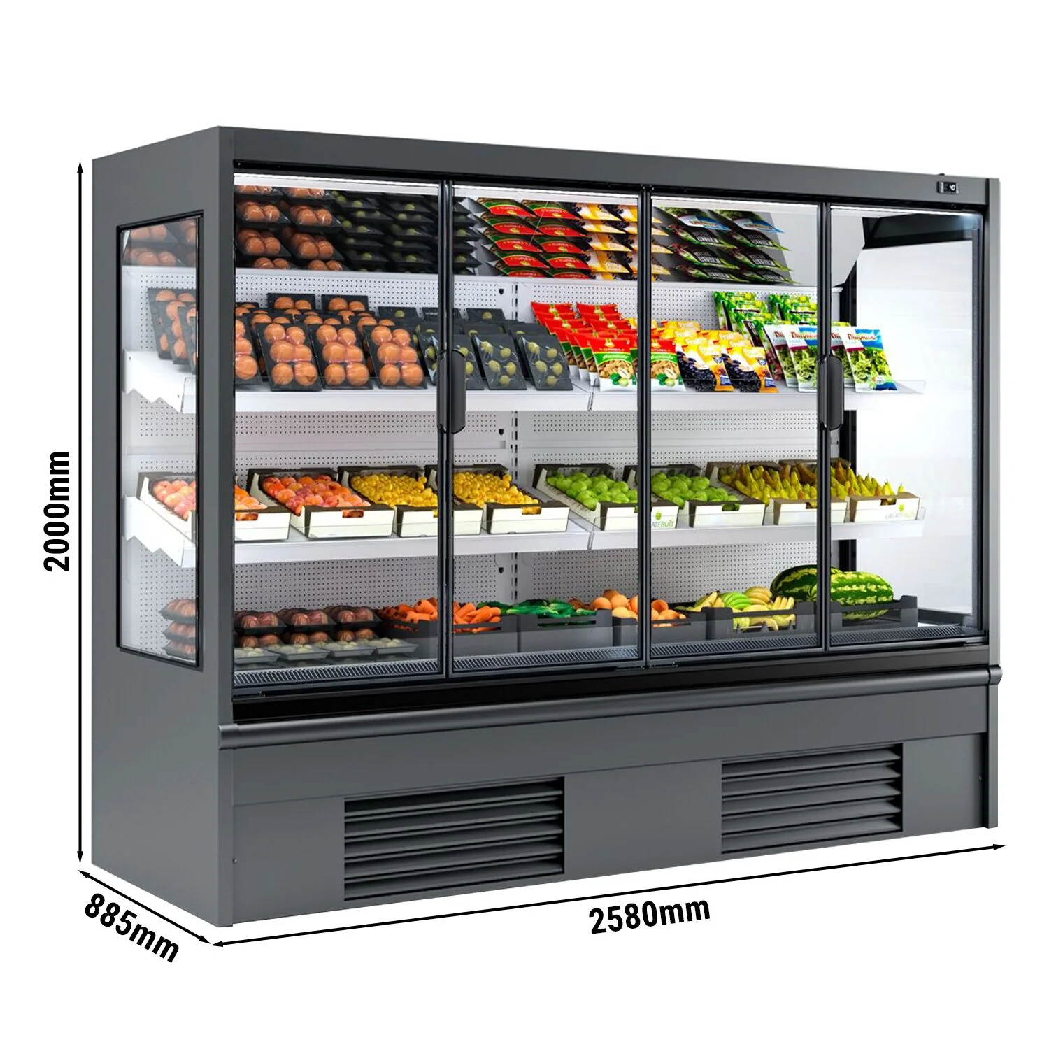 Kjølereol - 2580 mm - 1 408 l - +4 °C til +6 °C - med 4 hengslede glassdører, med dobbelt isolerglass & 2 hyller - lukket bakvegg - grå