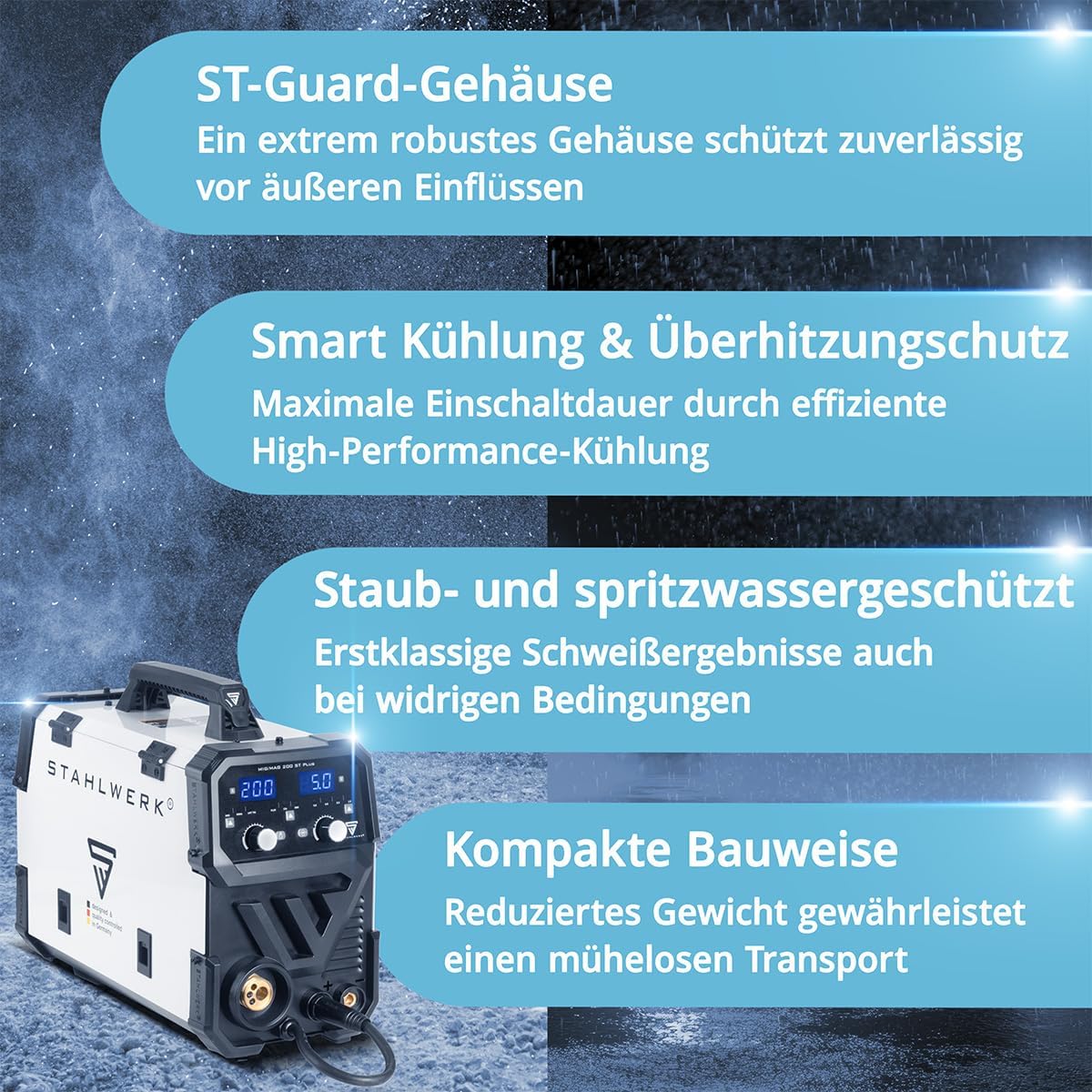 STAHLWERK Schweißgerät MIG/MAG 200 ST – Vollausstattung – IGBT Inverter mit 200 A, Schutzgasgerät mit synergischem Drahtvorschub, FLUX/Fülldraht geeignet, Lift-TIG und MMA/E-Hand (ARC) funktionsfähig
