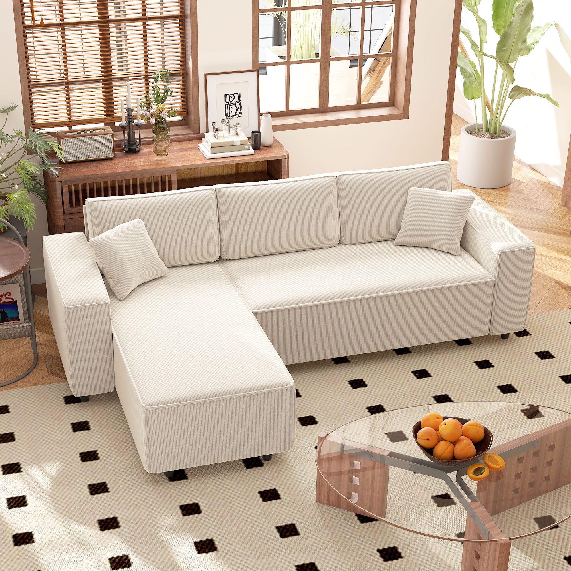 3-Zitsbank met Chaise Longue, Woonkamerbank met Corduroy Bekleding, 2 Extra Kussens, Gestoffeerde Bank, Cr��mewit