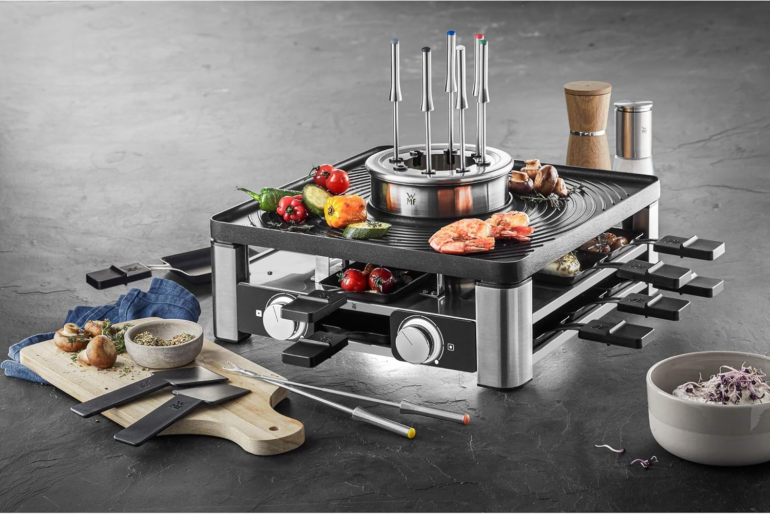 WMF Lumero 3in1 Gourmet Station f��r 8 Personen, Raclette Fondue Kombi, elektrisch, Temperaturregulierung, Beleuchtung, 1800 Watt, platzsparend, edelstahl matt