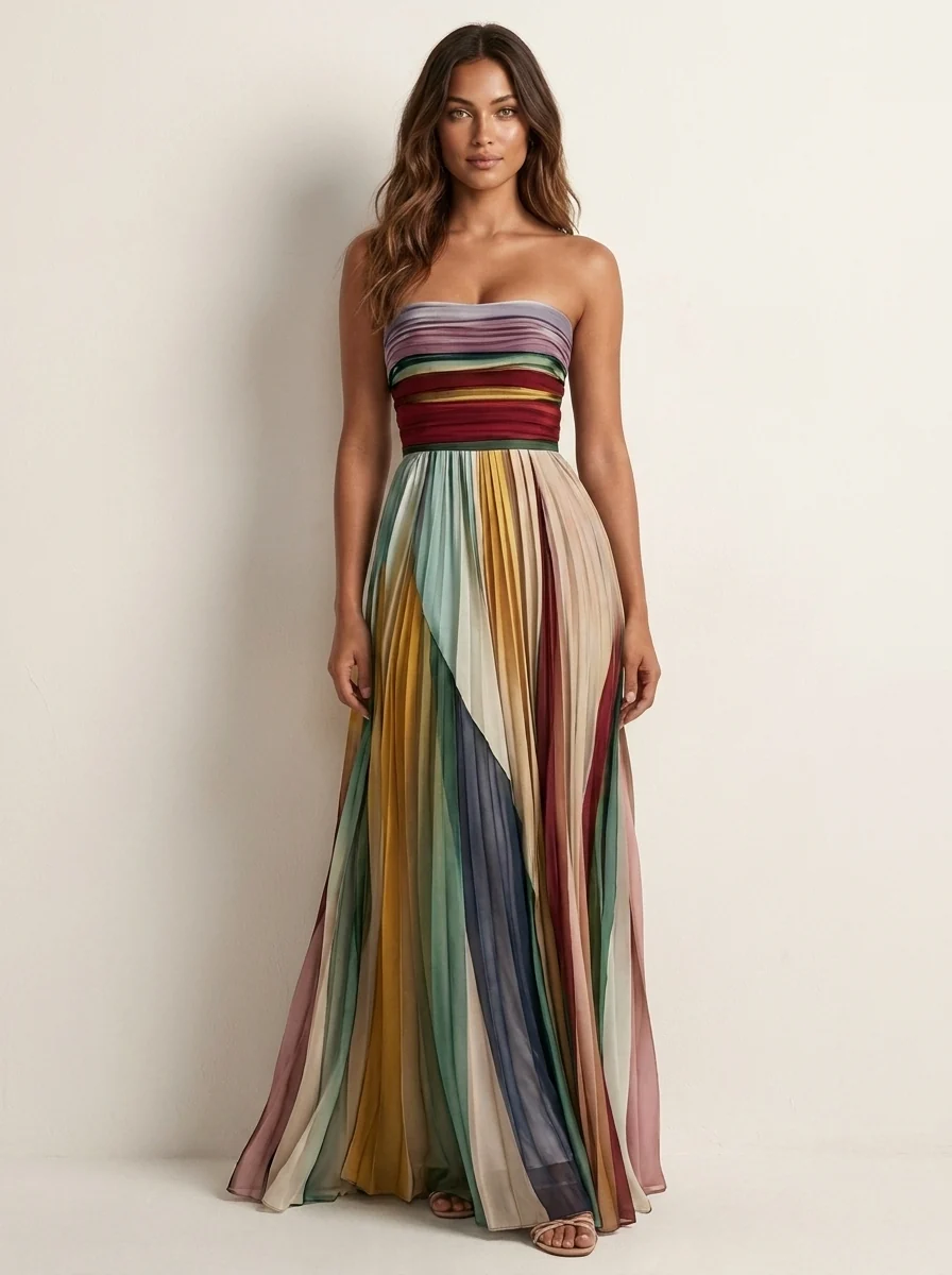 Plissee Maxikleid f��r Damen | Tr?gerloses Sommerkleid | Leichtes Bandeau Kleid | Plissiertes Kleid f��r den Sommerurlaub