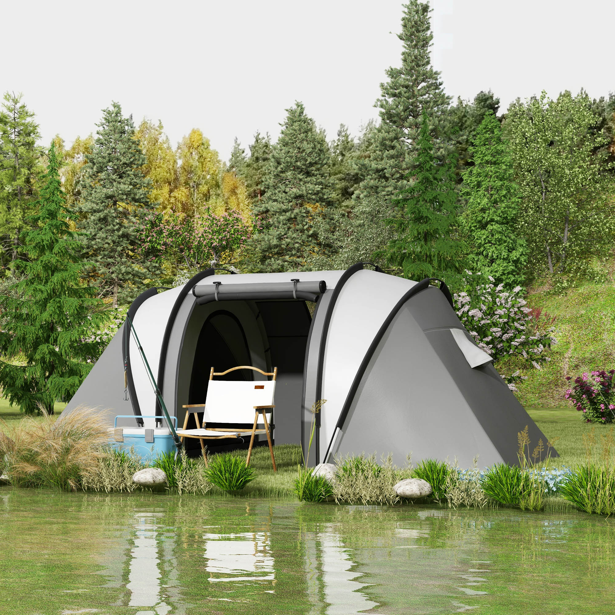 Waterafstotende Kampeertent voor 4-5 Personen met 3 Kamers, Zijdeur, en Vensters in Grijs