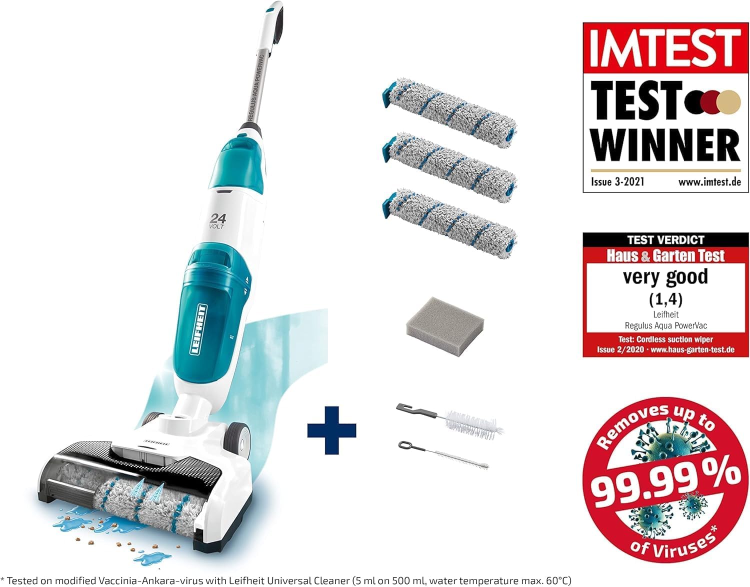 Leifheit Set Akku Saugwischer Regulus Aqua PowerVac inkl. Zubehör, saugen und wischen, Leichter Nasssauger mit leistungsstarken 24V, kabelloser Waschsauger mit 22min Akku-Laufzeit und Standfunktion