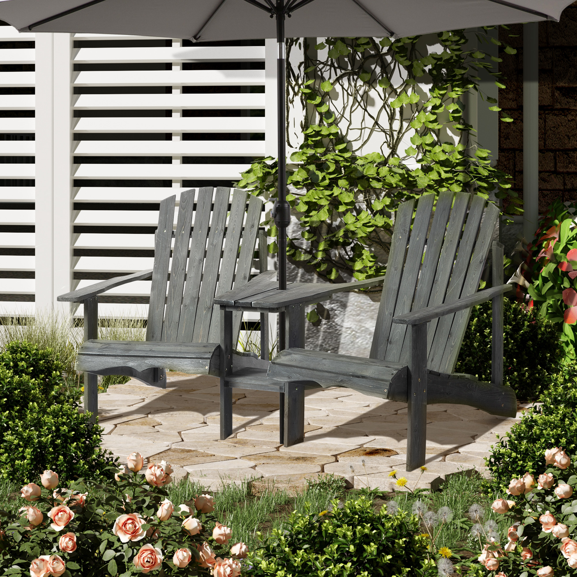tuinbank met tafel en zonneschermhouder, tuinmeubilair, massief hout, kleur grijs