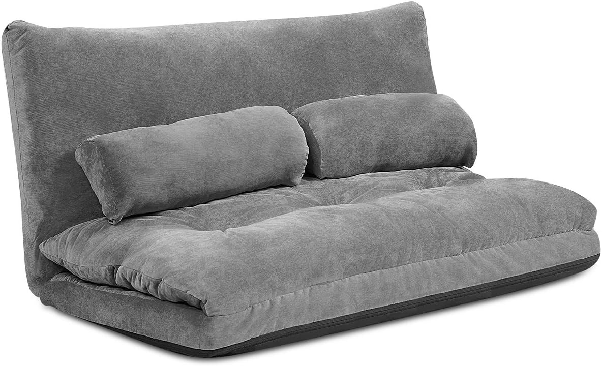 COSTWAY Klappbares Bodensofa, 3 in 1 Schlafsofa mit Schlaffunktion und Verstellbarer Rückenlehne, Sofabett mit 2 Lendenkissen, Klappsofa für Wohnzimmer & Schlafzimmer (Grau)