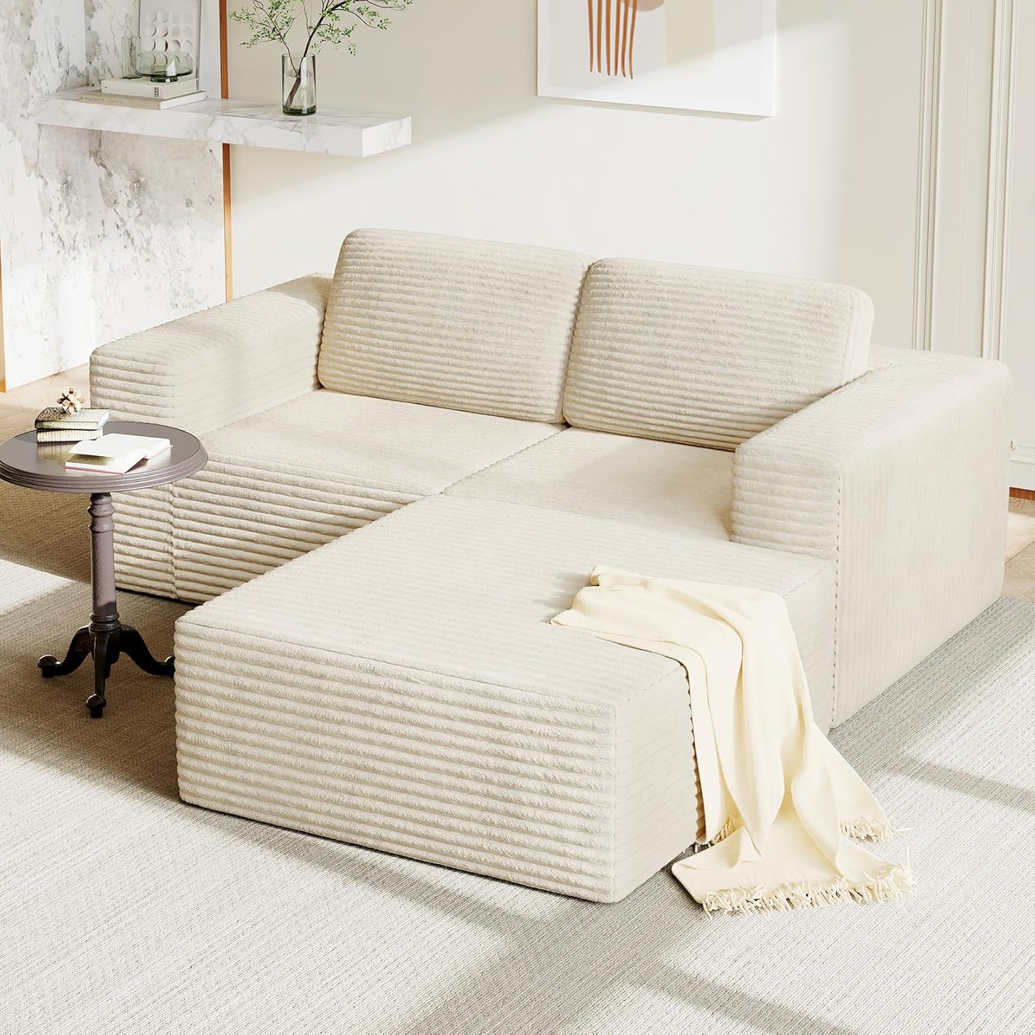 Vesgantti 202 cm Modulares Ecksofa L-Form, 2-Sitzer Cord Sofa mit Federkern, Extra Tiefe Sitzfläche, Komfortables Polstersofa mit Ottomane, Ohne Montage, Rutschfester Boden, Beige