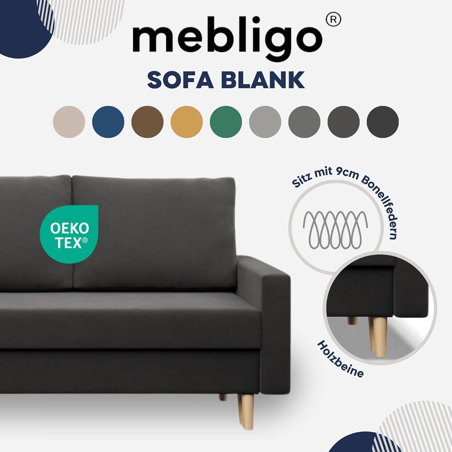 Mebligo - Sofa Mit Schlaffunktion Und Bettkasten Blank, 3 Sitzer 212 cm Breit, Schlafsofa Mit Bonellfederkern im Sitz, Ausziehbares Couch Auf Holzfüßen, Wohnzimmer - Beige