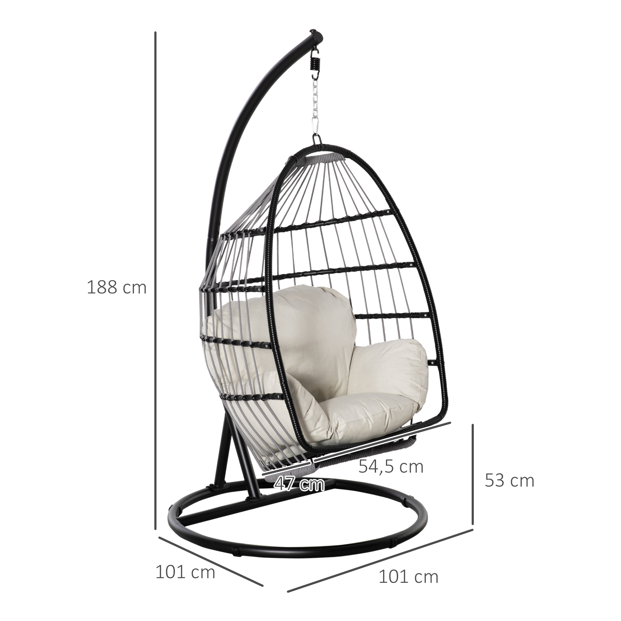 Outsunny hangstoel hangmand met frame hangende schommel hangstoel met kussenmand opvouwbaar metaal zwart + cr��me wit 101 x 101 x 188 cm