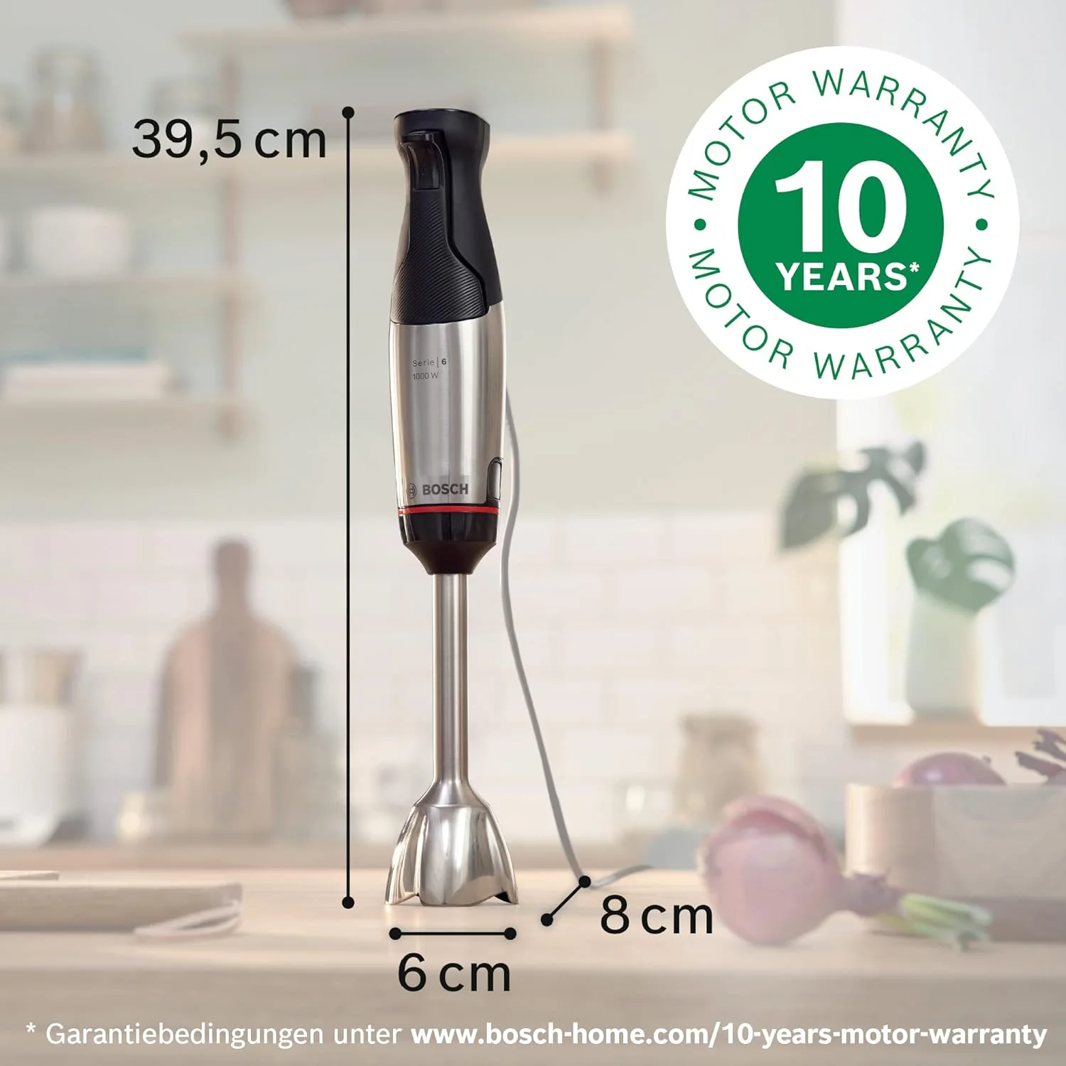 Bosch staafmixer ErgoMaster Serie 6 MSM6M673, 10 jaar motorgarantie, roestvrijstalen messen, slijtagevrije keramische koppeling, luchtkoeling, hakmolen, pureerstamper, garde, 1000 W
