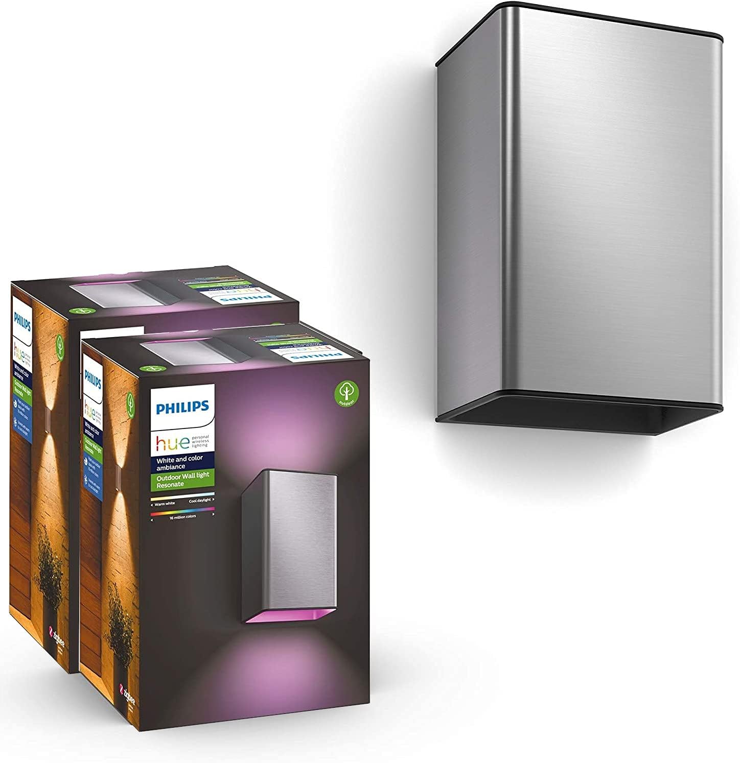 Hue Resonate LED Wandleuchte Outdoor (2er Pack) Edelstahl – White & Color Ambiance (WACA), 2x8W, Up & Down Light, IP44, kompatibel mit Hue Bridge, Alexa & Google Assistant