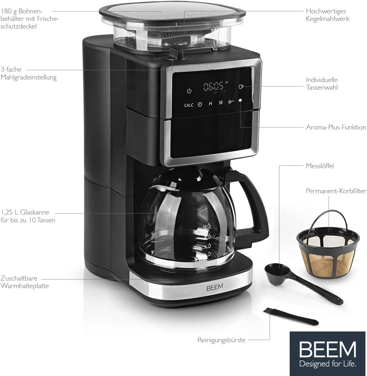 BEEM FRESH-AROMA-PERFECT III Filterkoffiezetapparaat met maalwerk - Duo | Met thermos- & glazen kan | Aroma-Plus-functie | 24-uurs timer | 1000 W | voor maximaal 10 kopjes [roestvrij staal]